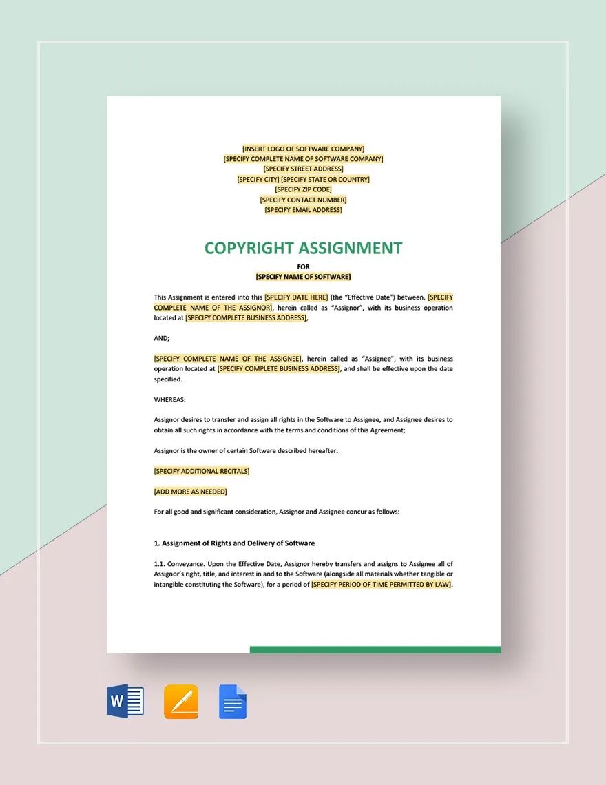 Copyright Assignment For Software Template In Word Pages Google 