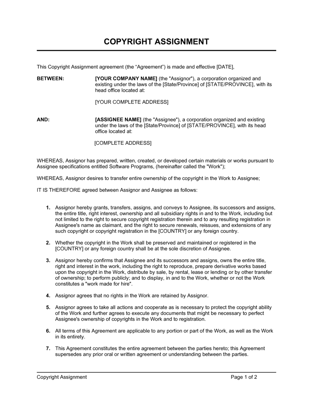 Copyright Assignment For Software Template