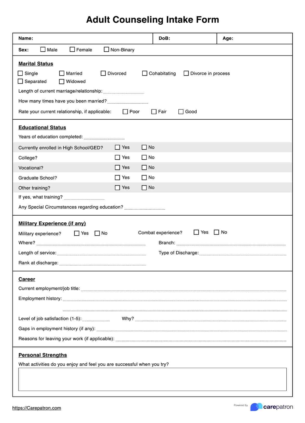 Counseling Intake Form Template U0026 Example Free PDF Download