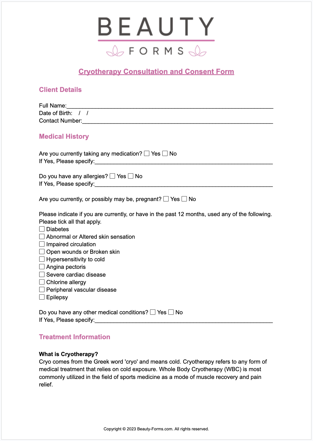 Cryotherapy Consultation Form Online Template Beauty Forms