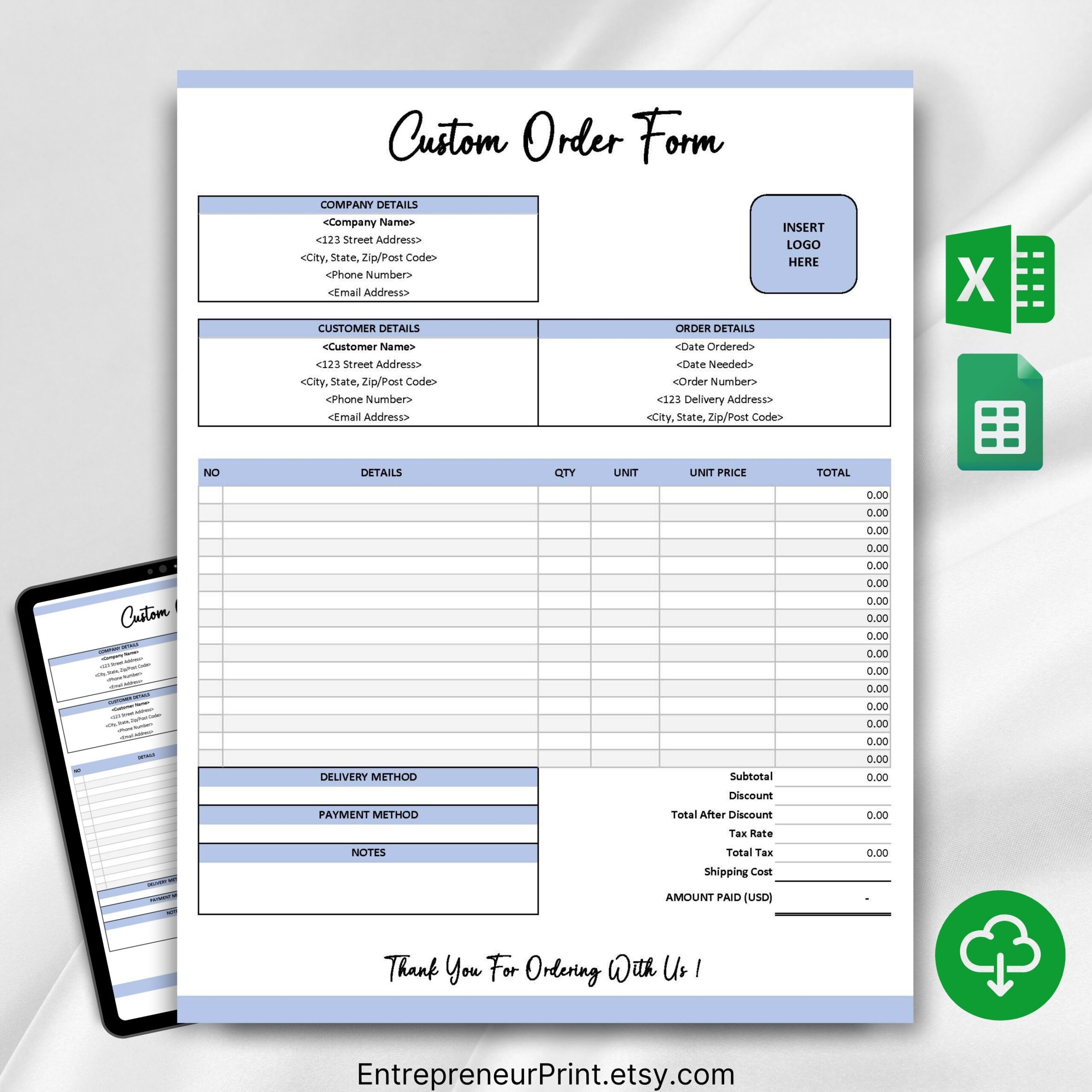 Printable Custom Order Form Template Free Excel
