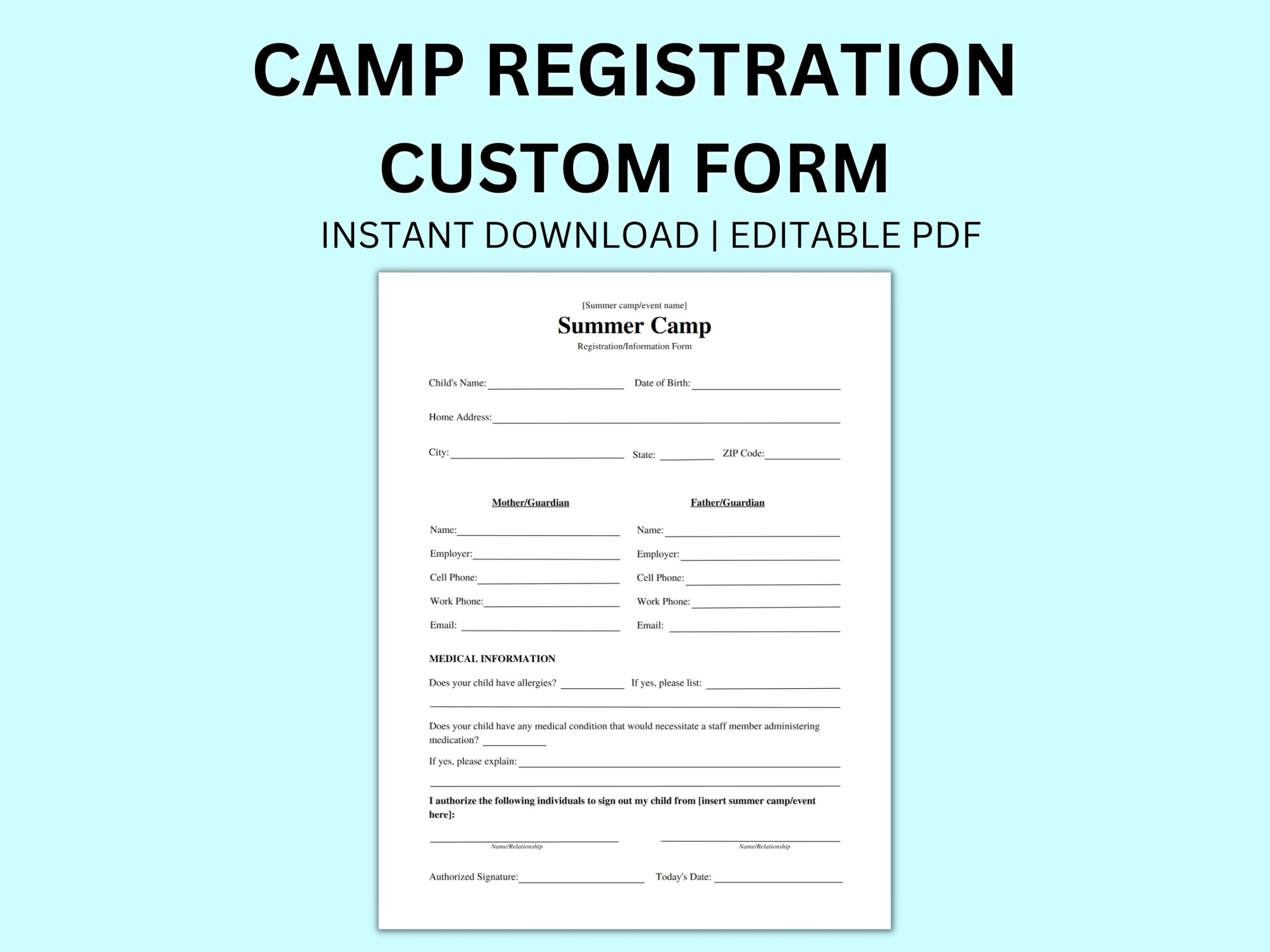 Custom Summer Camp VBS Event Registration Editable Instant Digital 