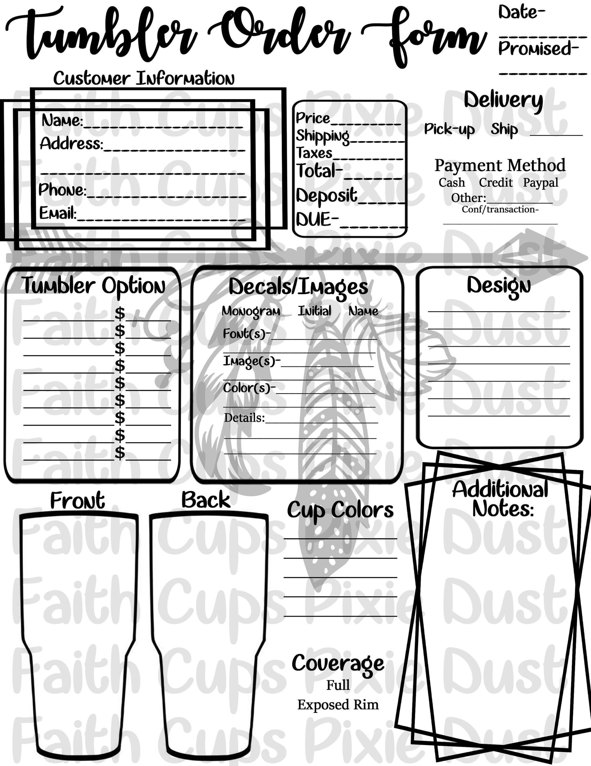 CUSTOMIZABLE Black And White Tumbler Order Form Template JPG And PDF Bonus Free Care Cards 