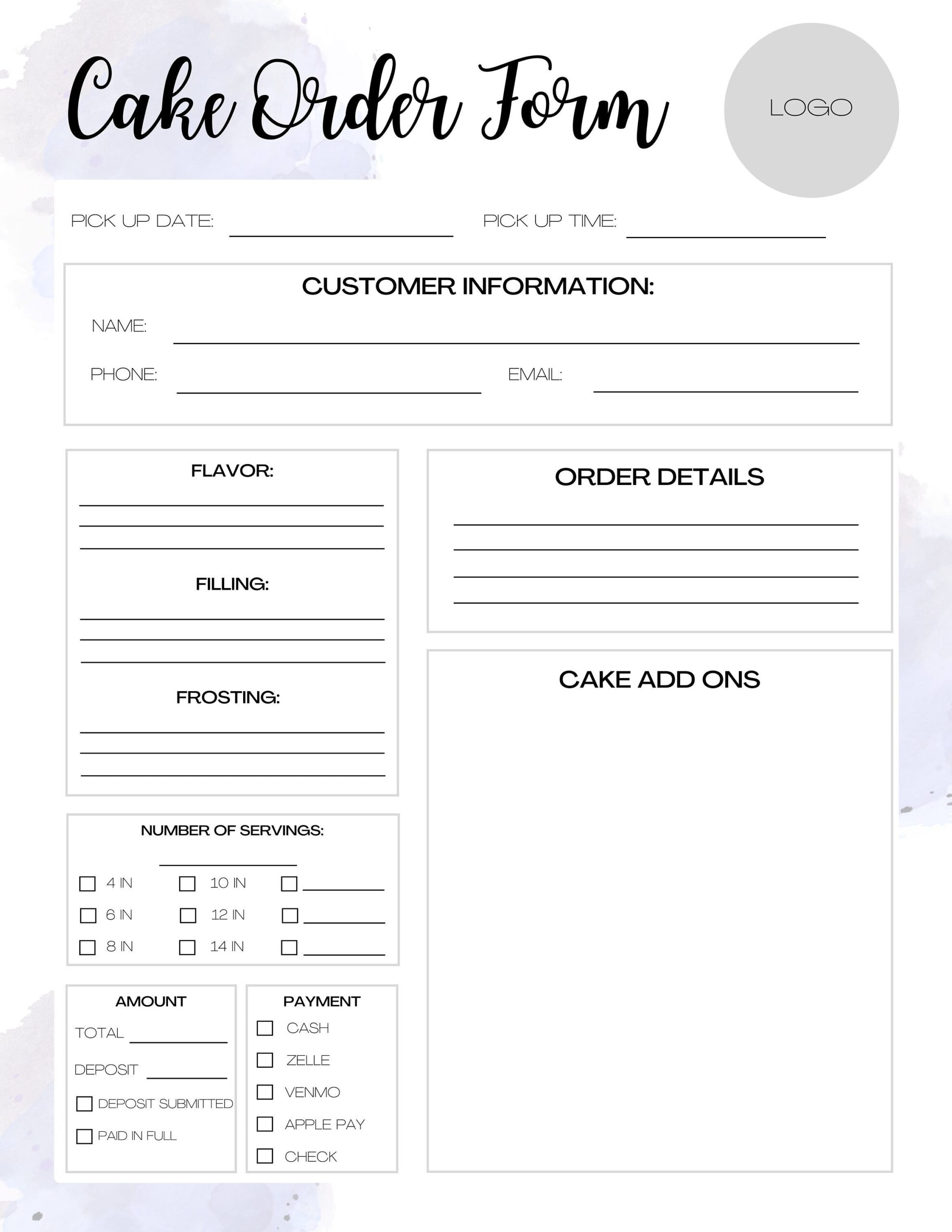 Customizable Cake Order Form Order Form Template Printable Order 