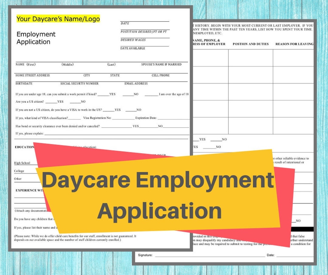 DAYCARE EMPLOYEE APPLICATION Childcare Center Printable Daycare 