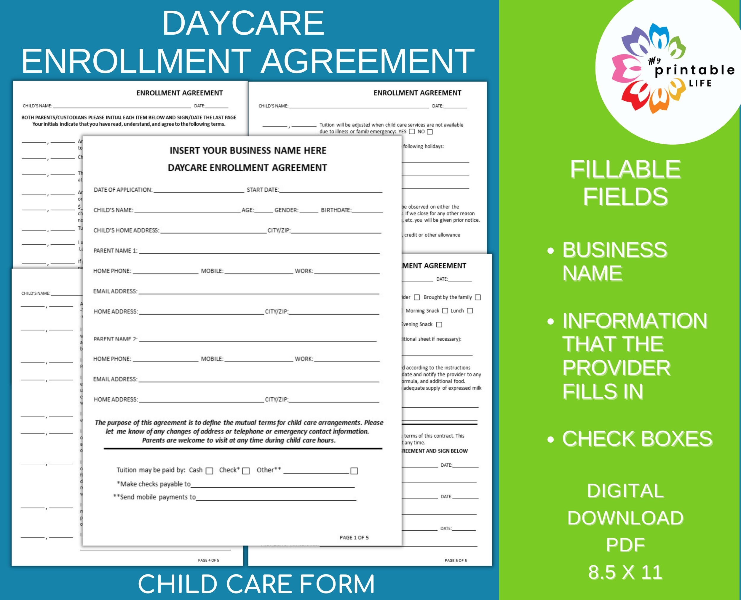 DAYCARE ENROLLMENT AGREEMENT Form Fillable Child Care Contract Etsy