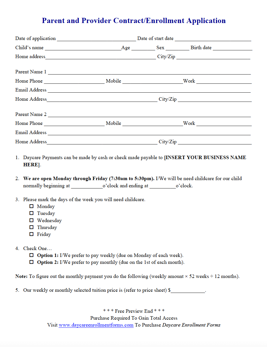 Daycare Enrollment Forms Child Care Registration Forms 