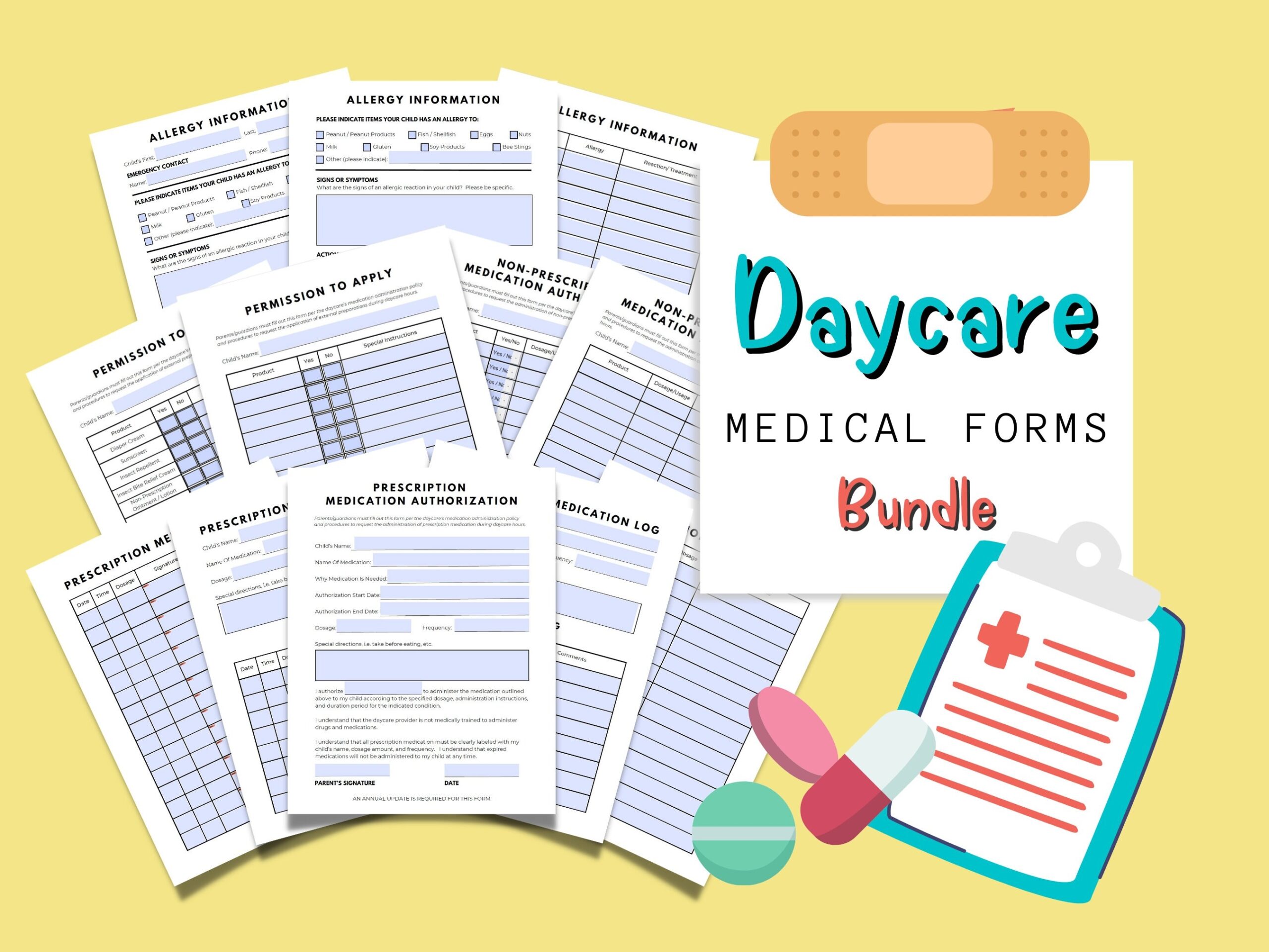 Daycare Medication Forms Medication Authorization Forms Allergy Information Form Permission To Apply Forms Medication Logs 8 5x11