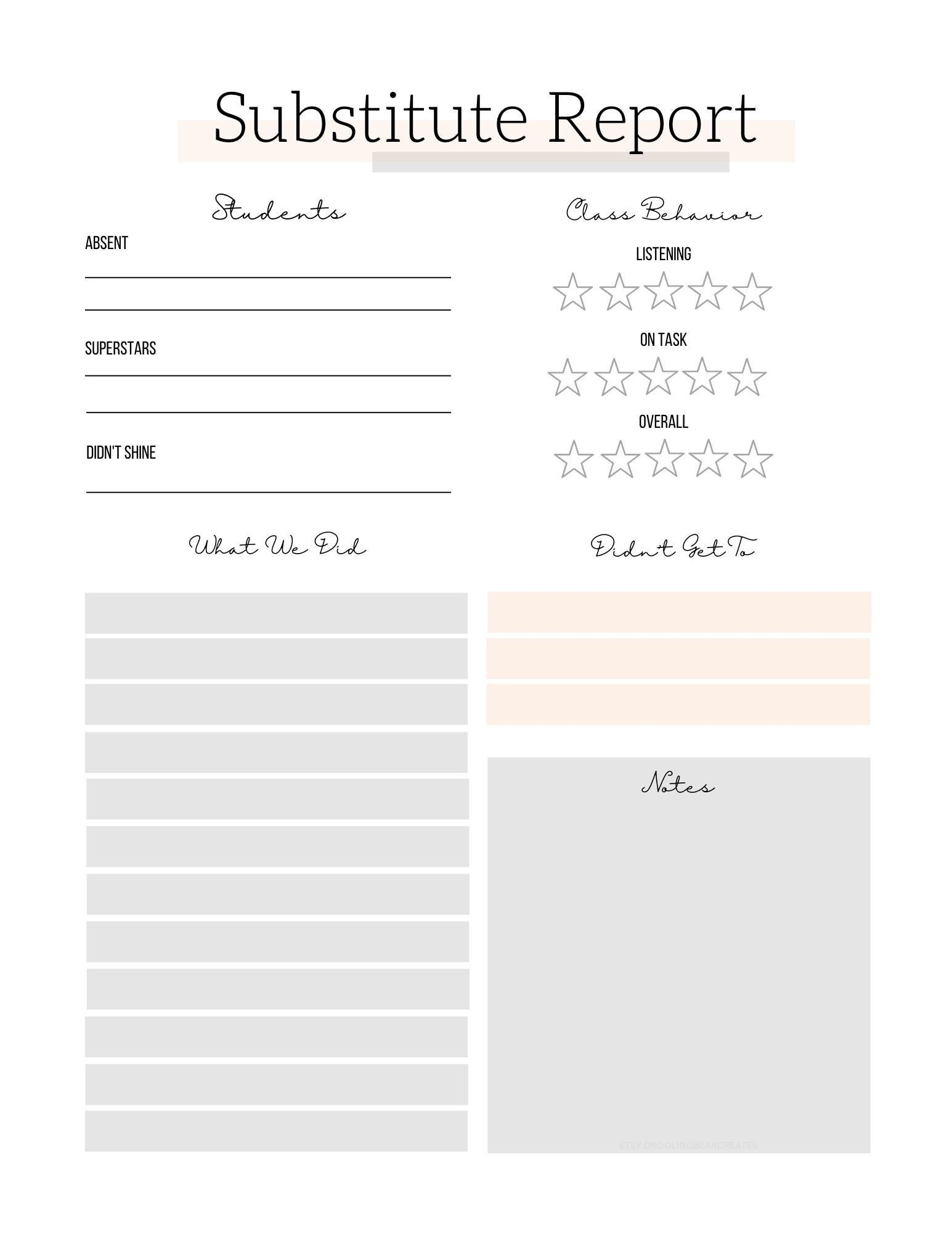 Delicate Substitute Report Substitute Teacher Class Report Card Etsy