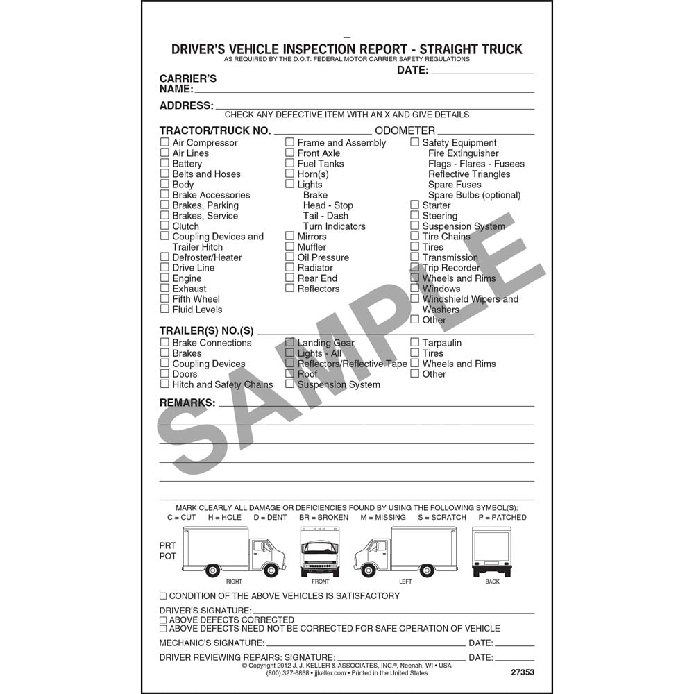Detailed Truck Vehicle Inspection Report Signs SKU TG 2331
