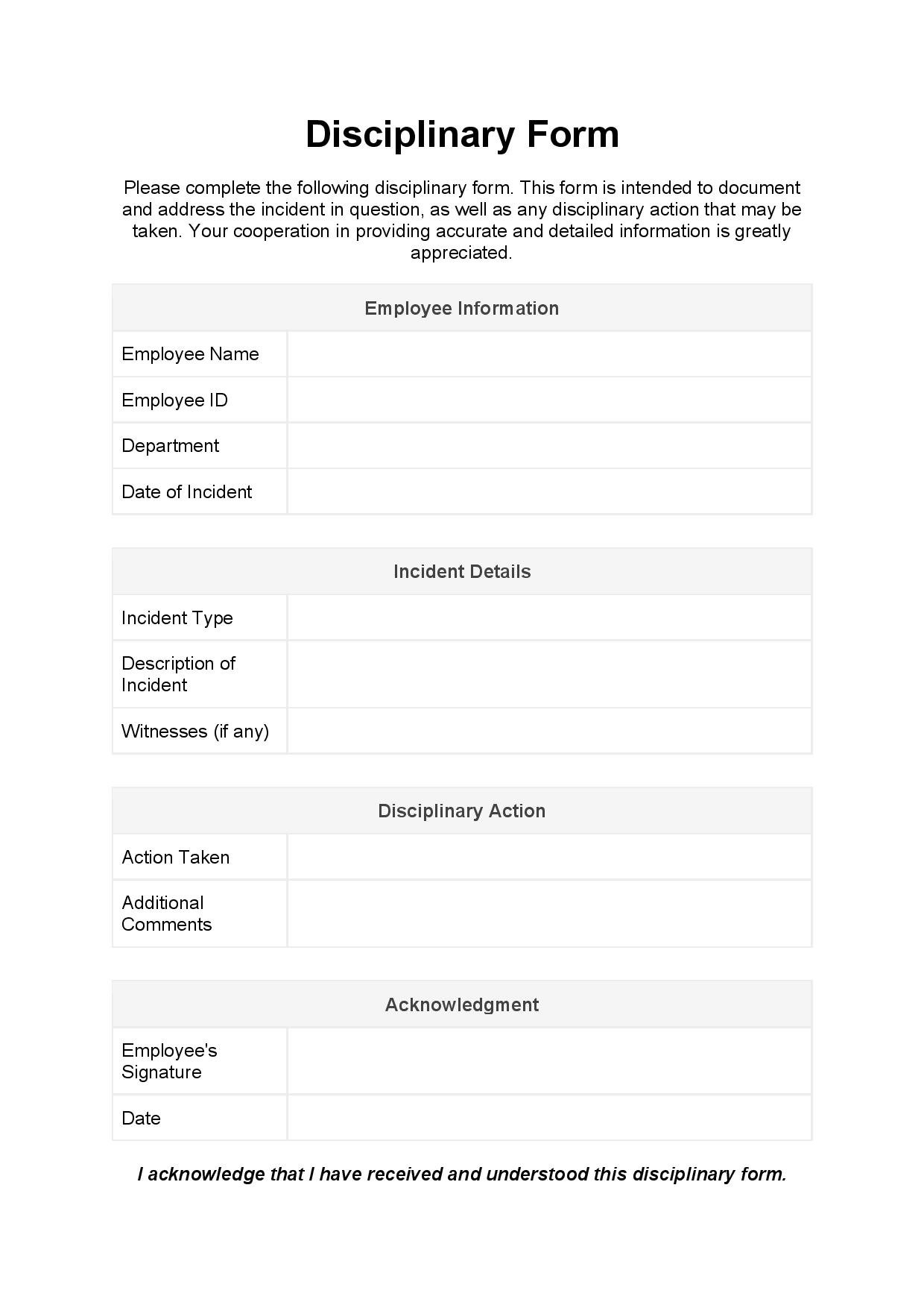 Disciplinary Form Template Free Download Easy Legal Docs