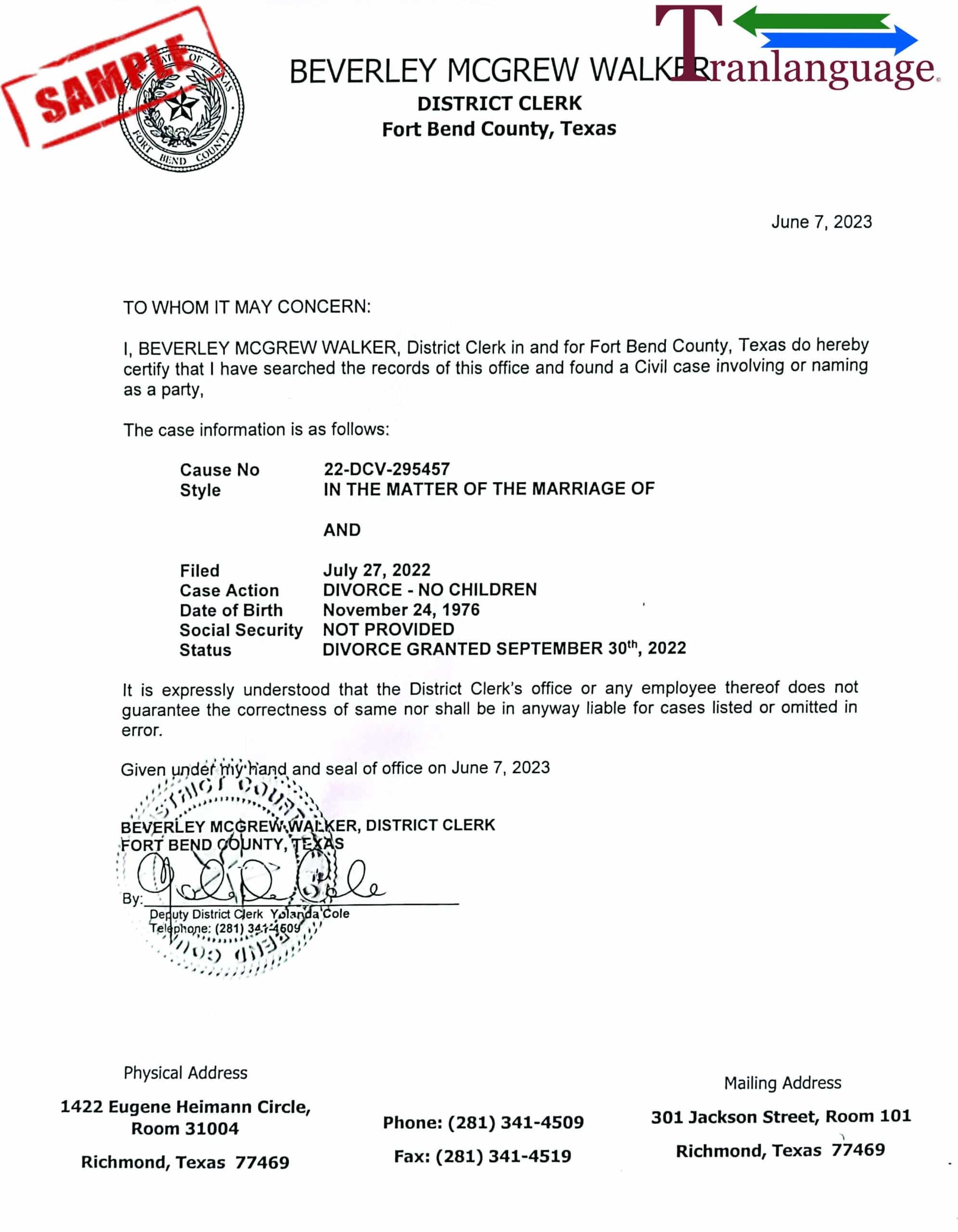 Divorce Decree USA Texas I Tranlanguage Certified