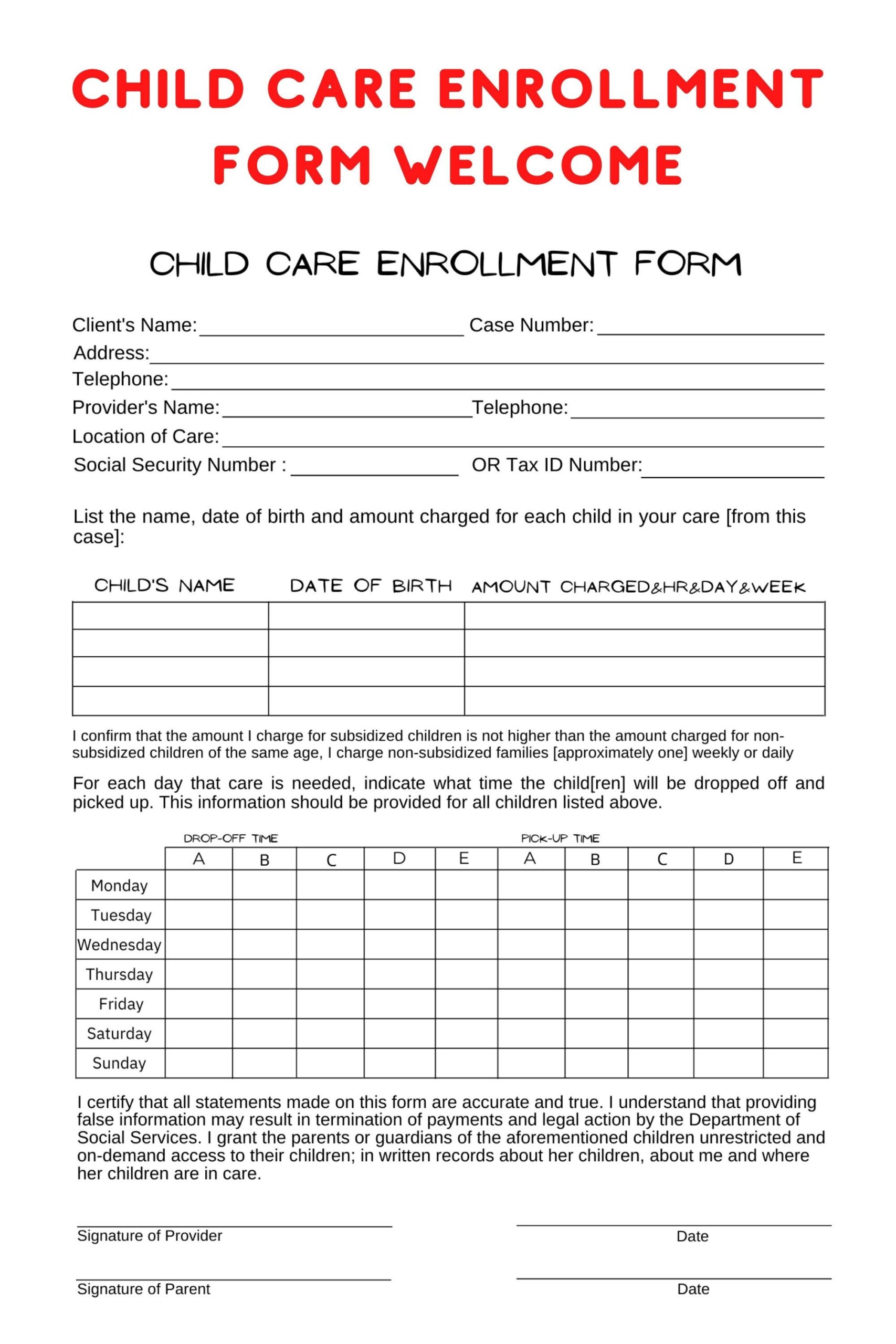 Free Printable Childcare Forms