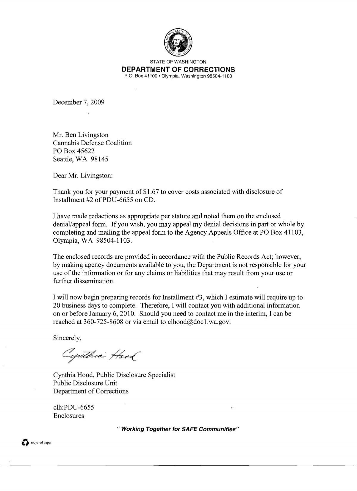 DOC Request Two Complete Cannabis Defense Coalition