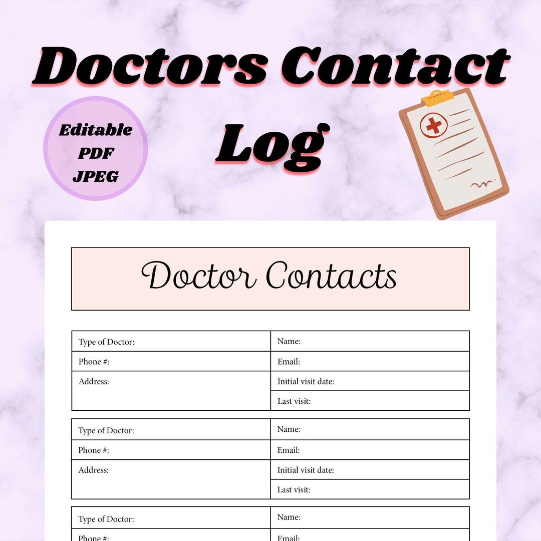 Doctors Contact Log Editable And Printable Digital Download Great 