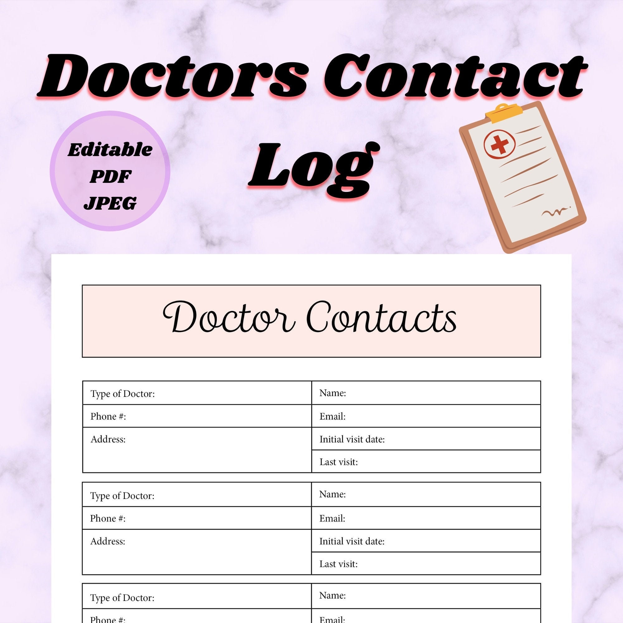 Doctors Contact Log Editable And Printable Digital Download 