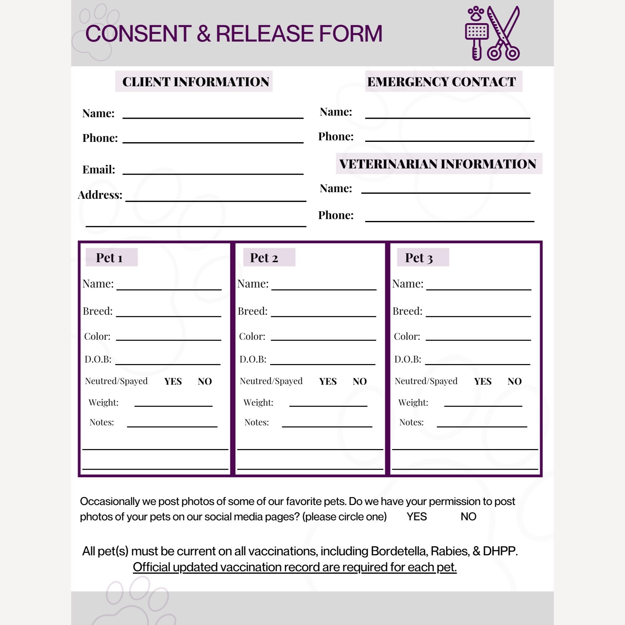 Free Printable Client Pet Information Forms For Dog Groomers