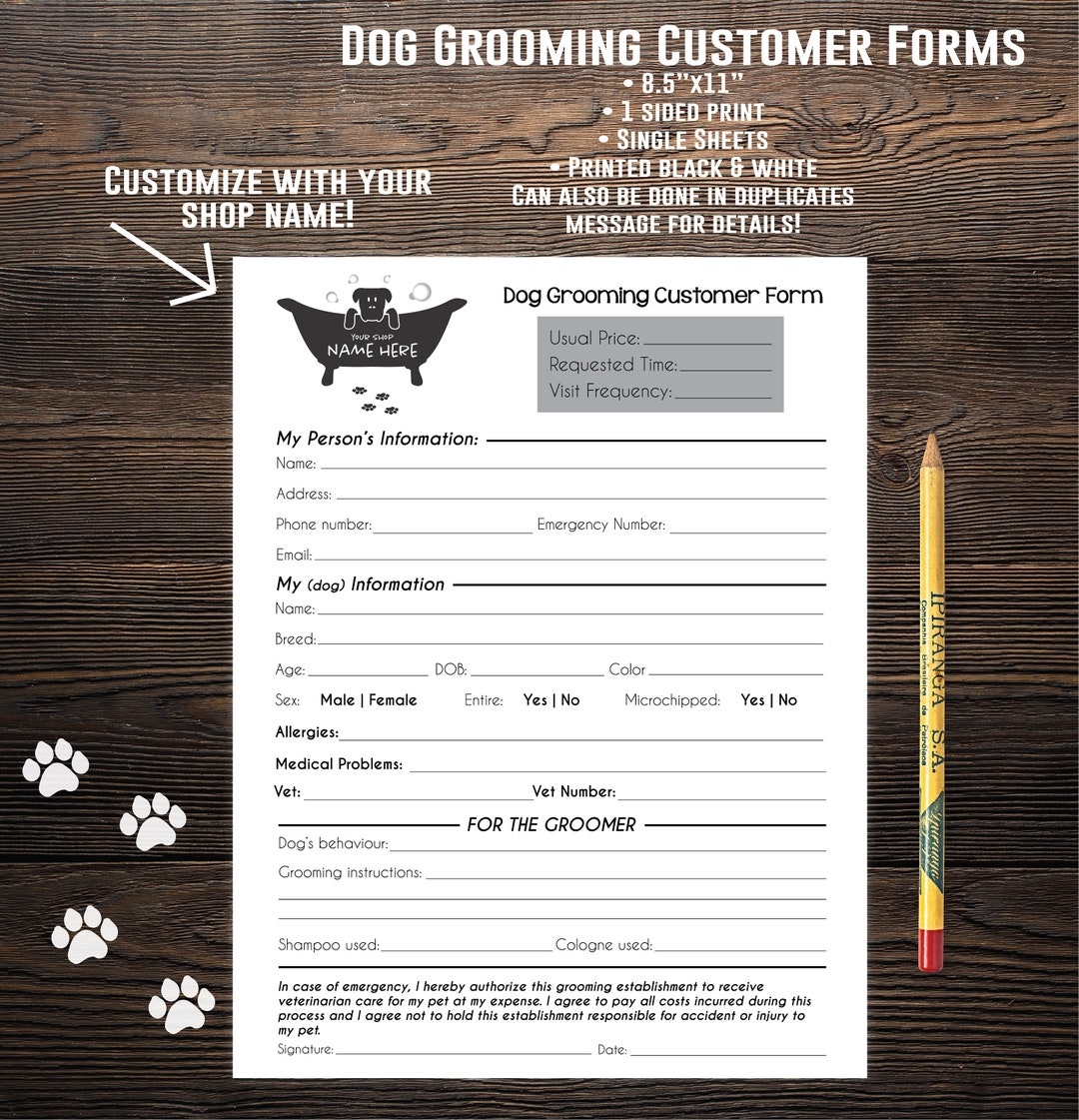 Dog Grooming Customer Form Dog Grooming Dog Grooming Forms Groomer Form Customer Form Etsy