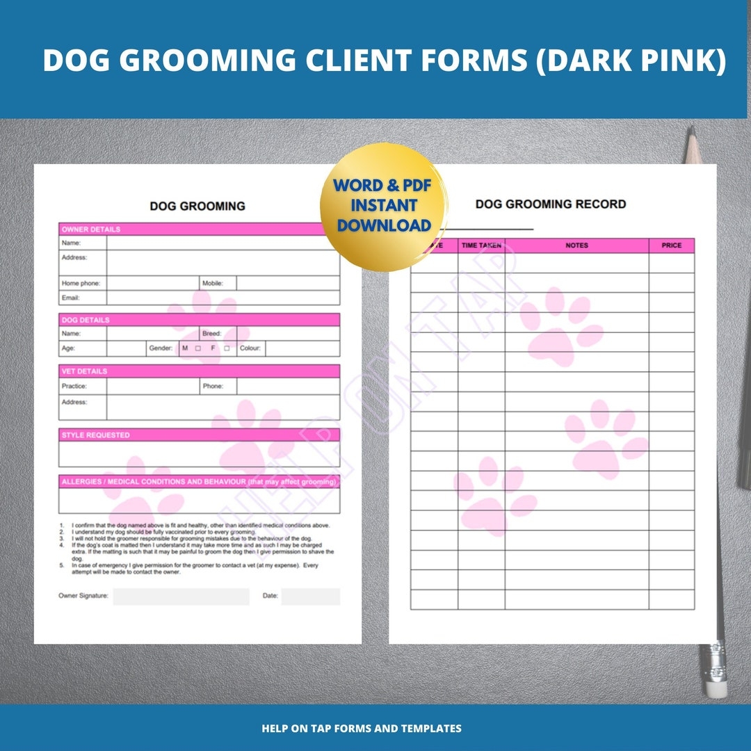 Dog Grooming Form Dark Pink Mobile Dog Grooming Template Dog Grooming Business Forms Dog Groom Client Form Dog Groom Record Form Etsy