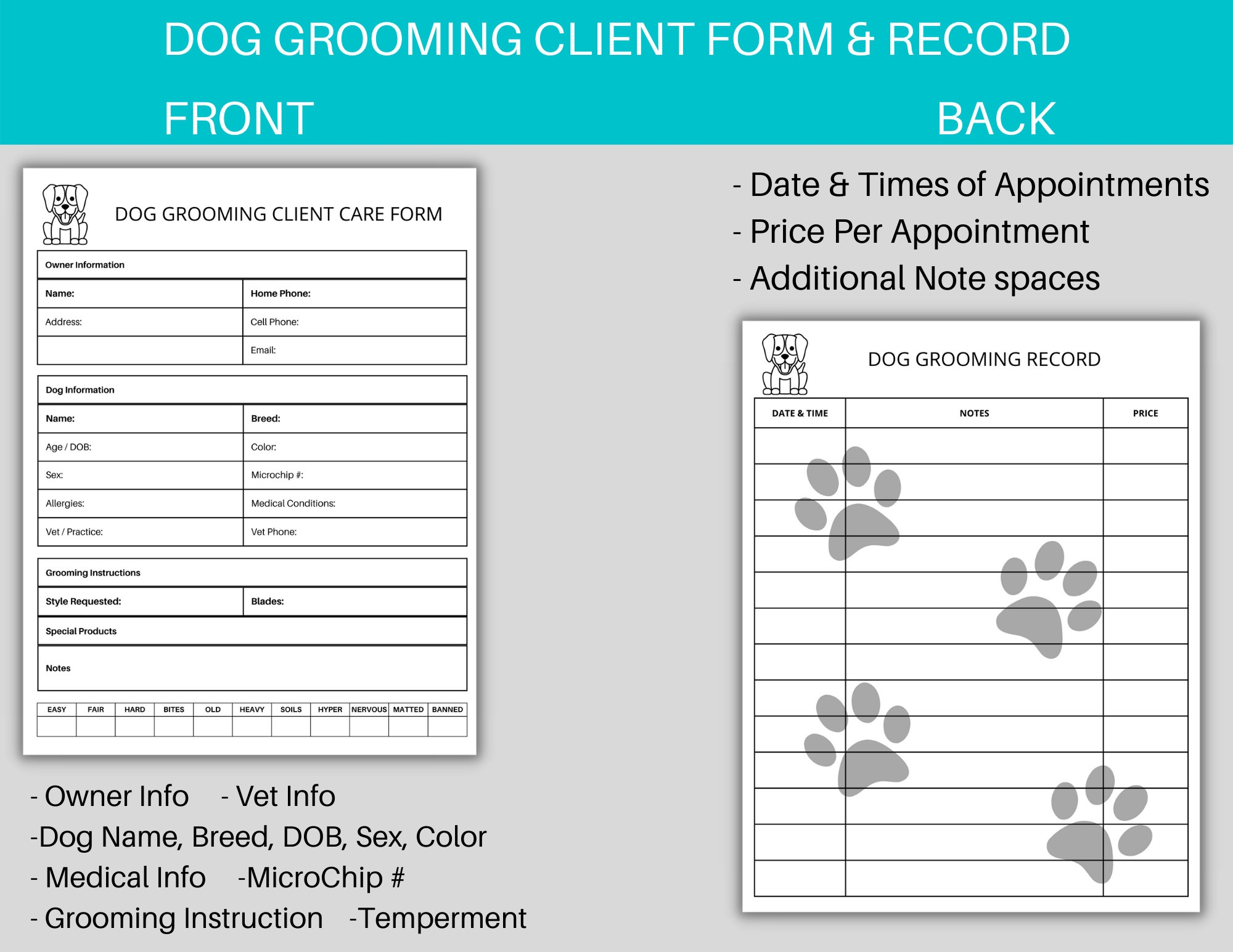 Dog Grooming Form Pet Grooming Record Dog Grooming Client Sheet Grooming Record Grooming Card Pet Grooming Tracker Pet Health Record Etsy