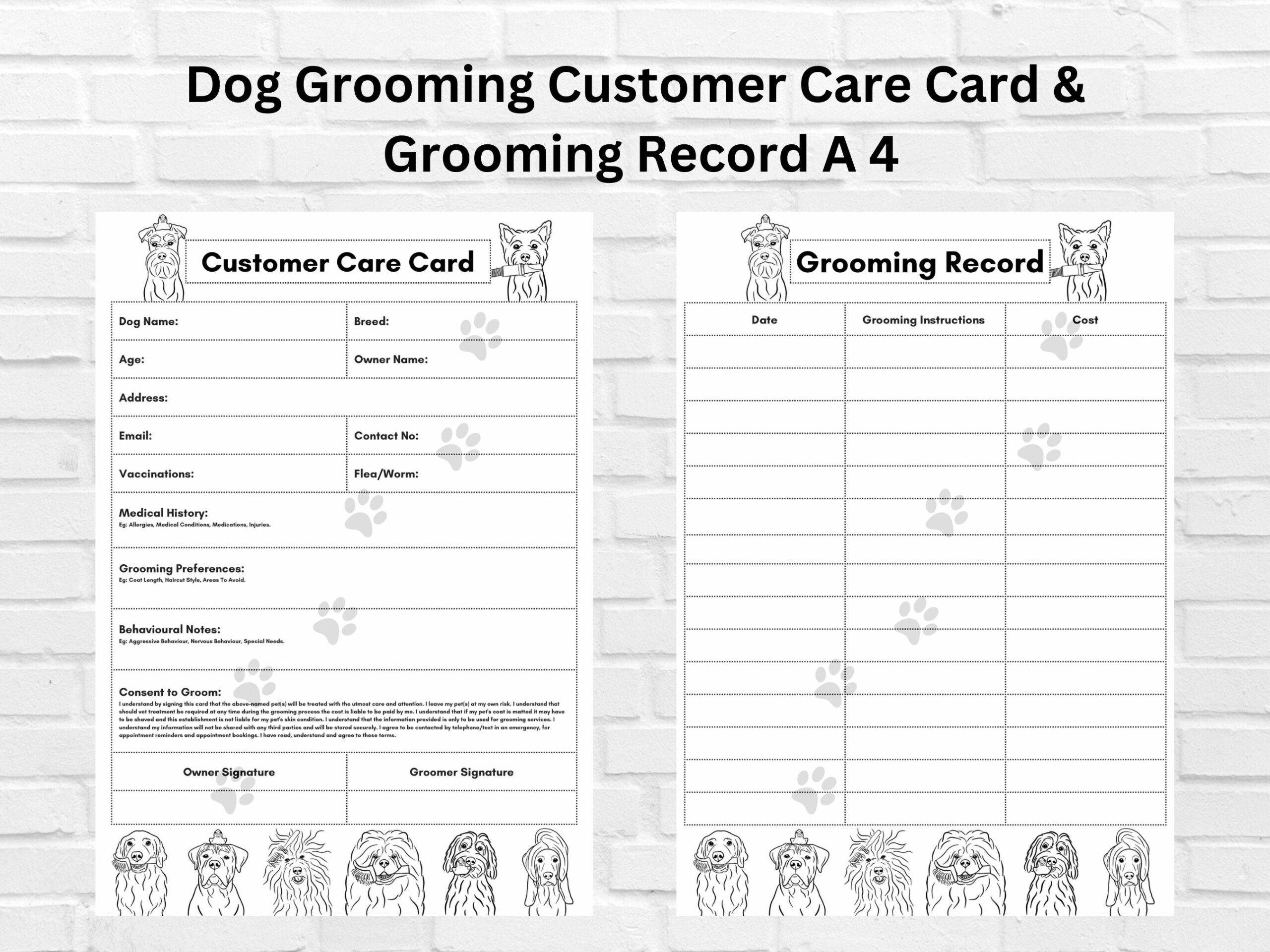 Dog Grooming Form Record Card A4 PDF Black White Client Digital Download Template Pet Salon Spa Groomer