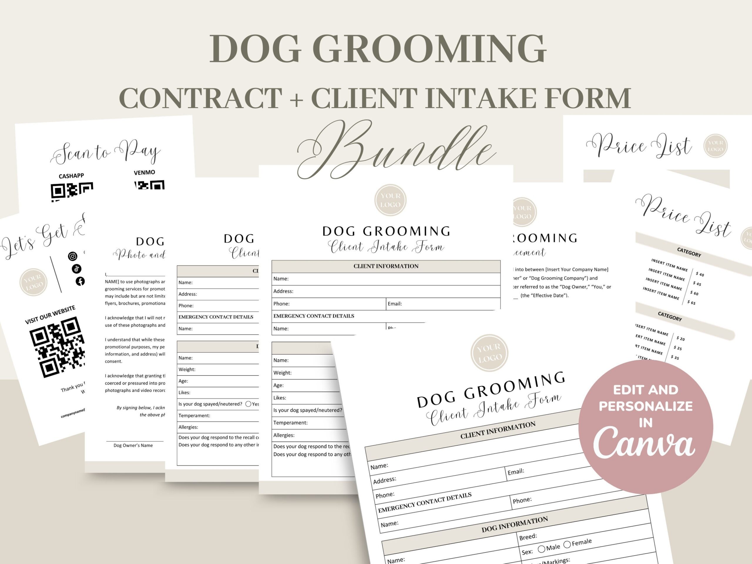 Dog Grooming Service Agreement contract Template Editable 
