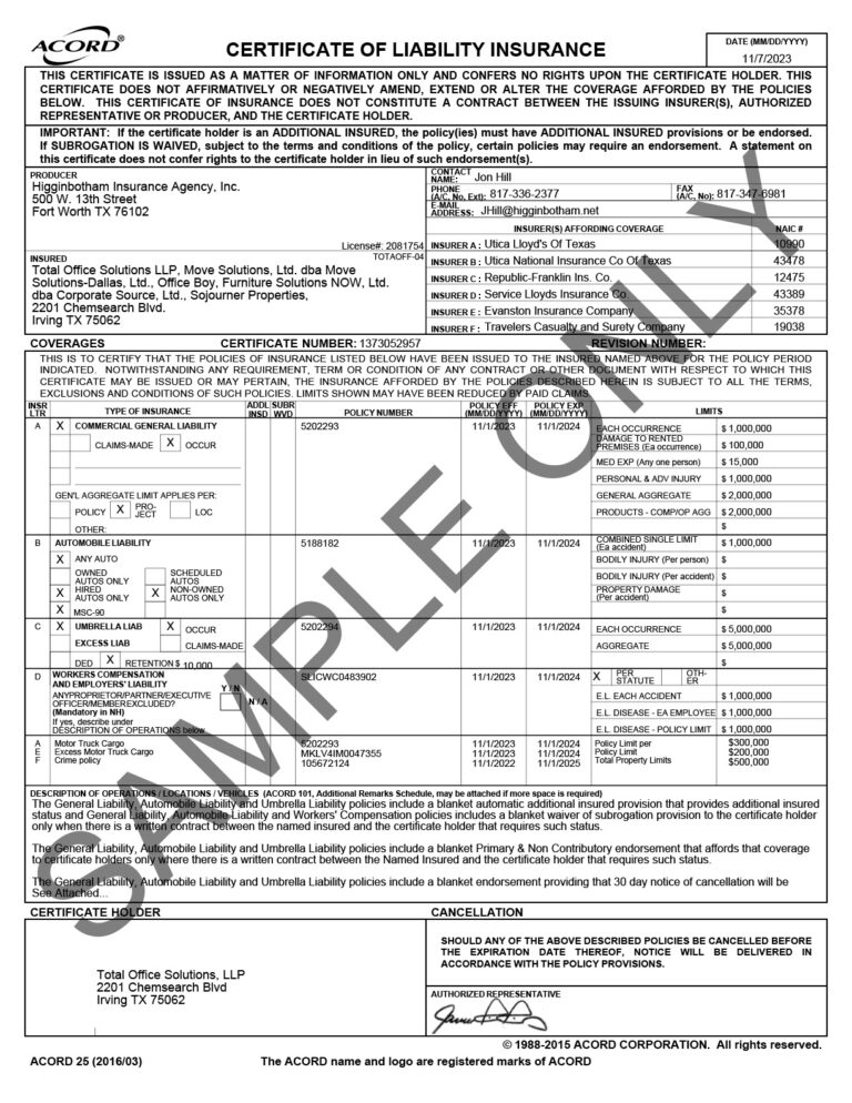 Download Free Sample Certificate Of Insurance COI