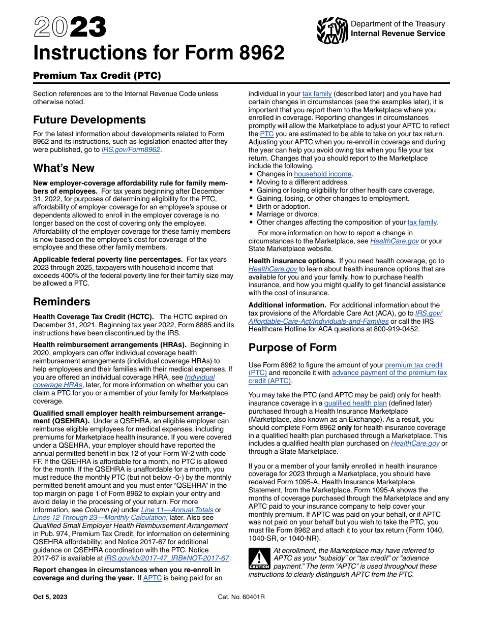 Download Instructions For IRS Form 8962 Premium Tax Credit Ptc PDF 2023 Templateroller