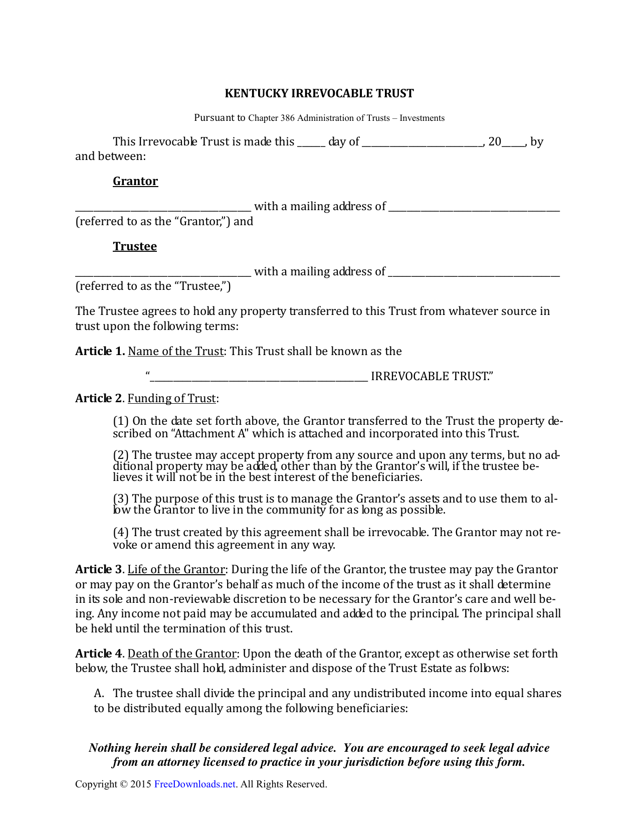 Download Kentucky Irrevocable Living Trust Form PDF RTF Word 