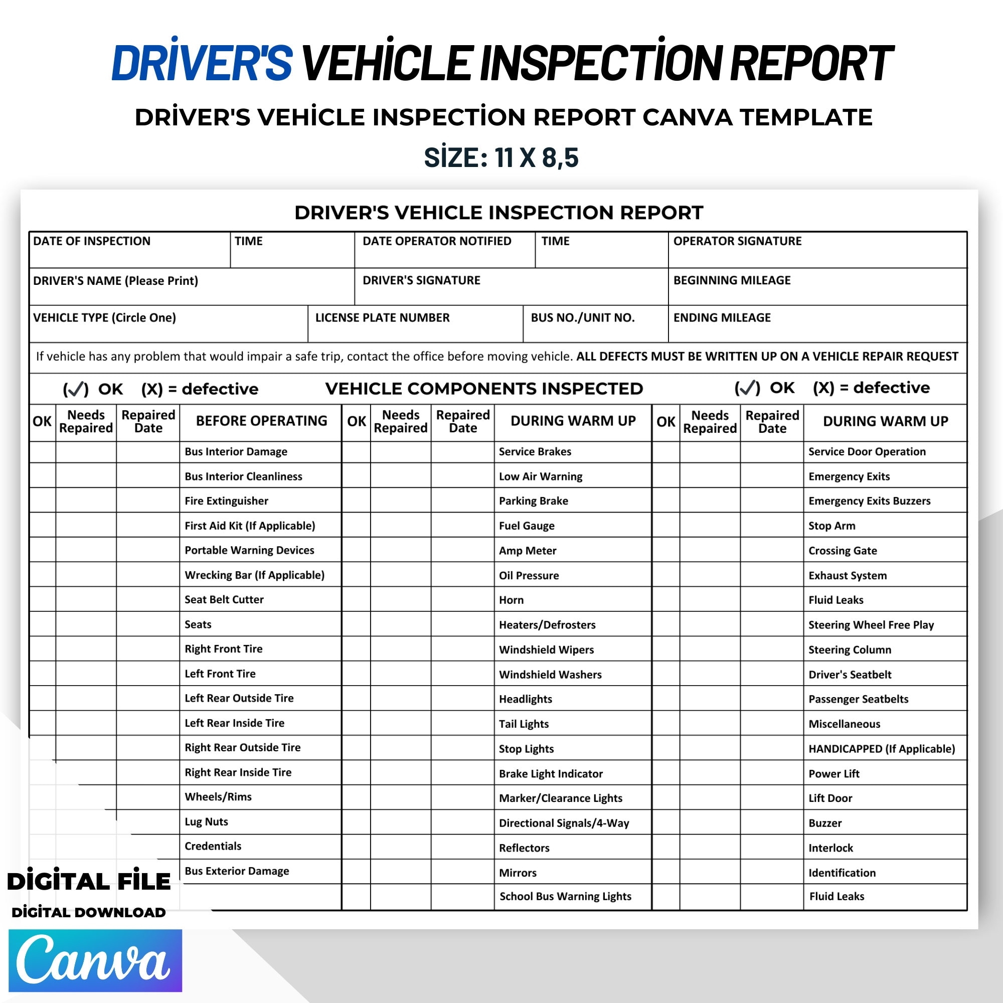 Driver s Vehicle Inspection Report Template Daily Pre trip 