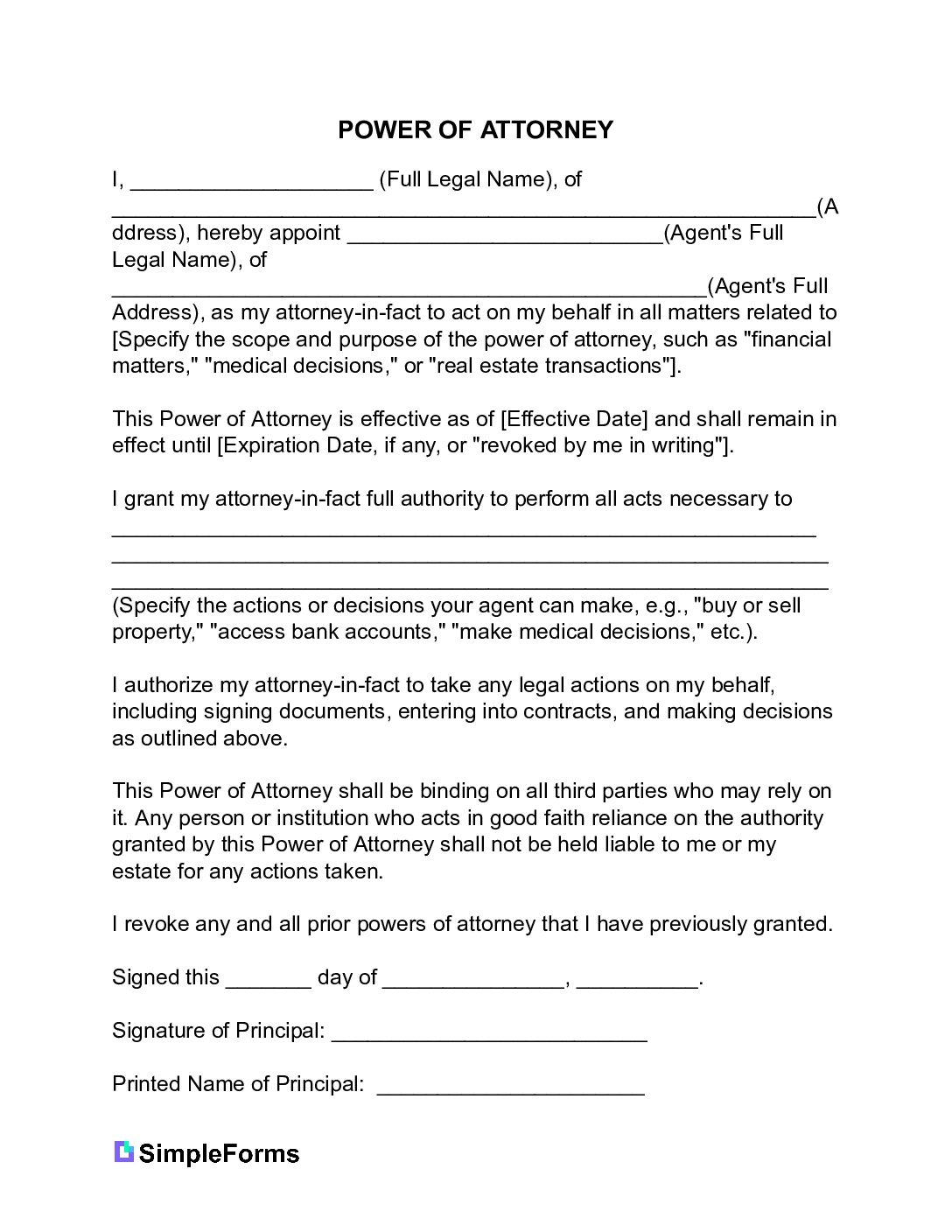 Durable Power Of Attorney Form Simple Forms