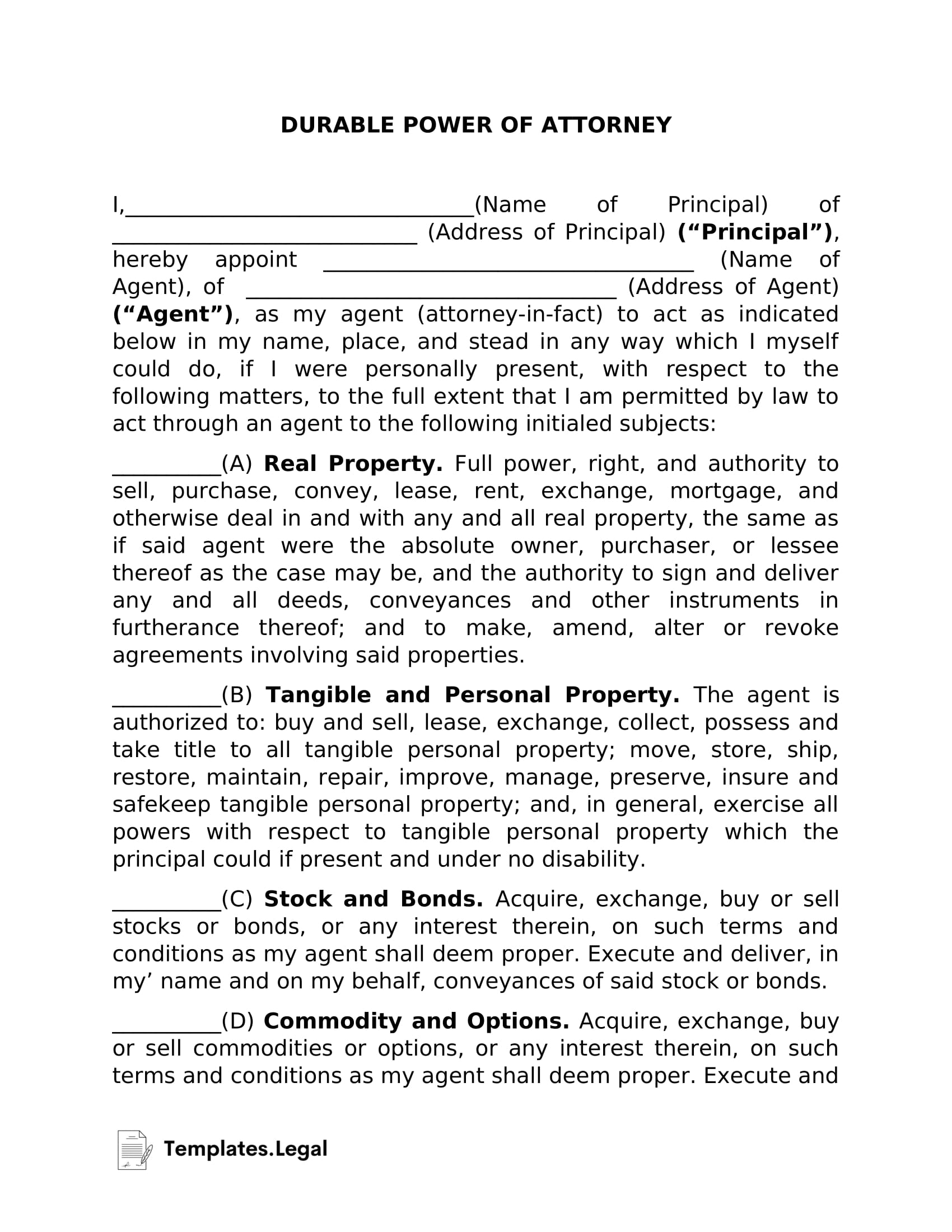 Durable Power Of Attorney Templates Free Word PDF ODT 