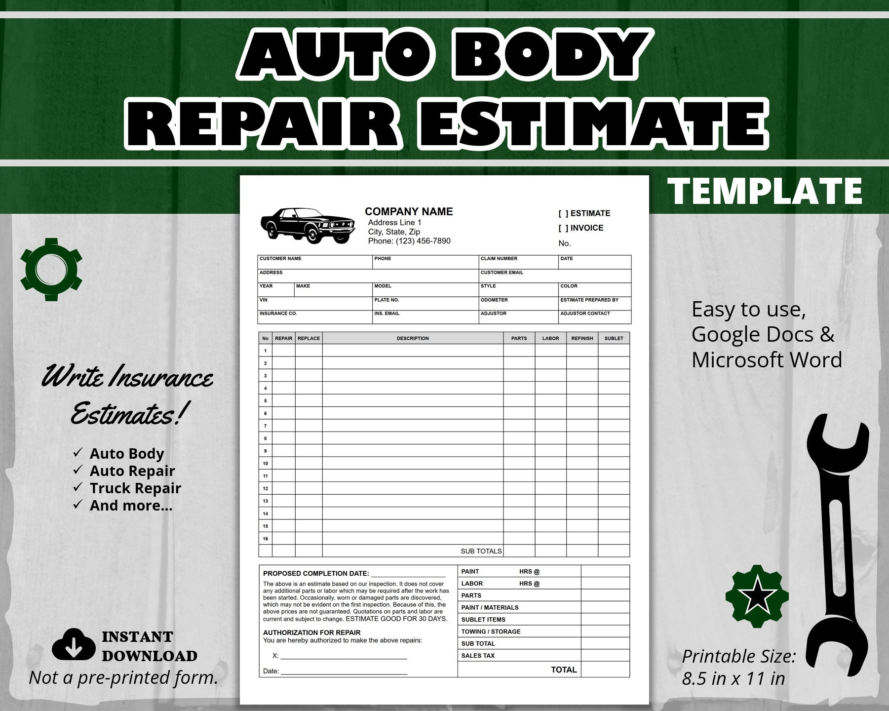 Editable Auto Body Repair Estimate Template WORD Google Docs U0026 Printable PDF Auto Repair Estimate Template Body Shop Estimate Template Etsy Sweden