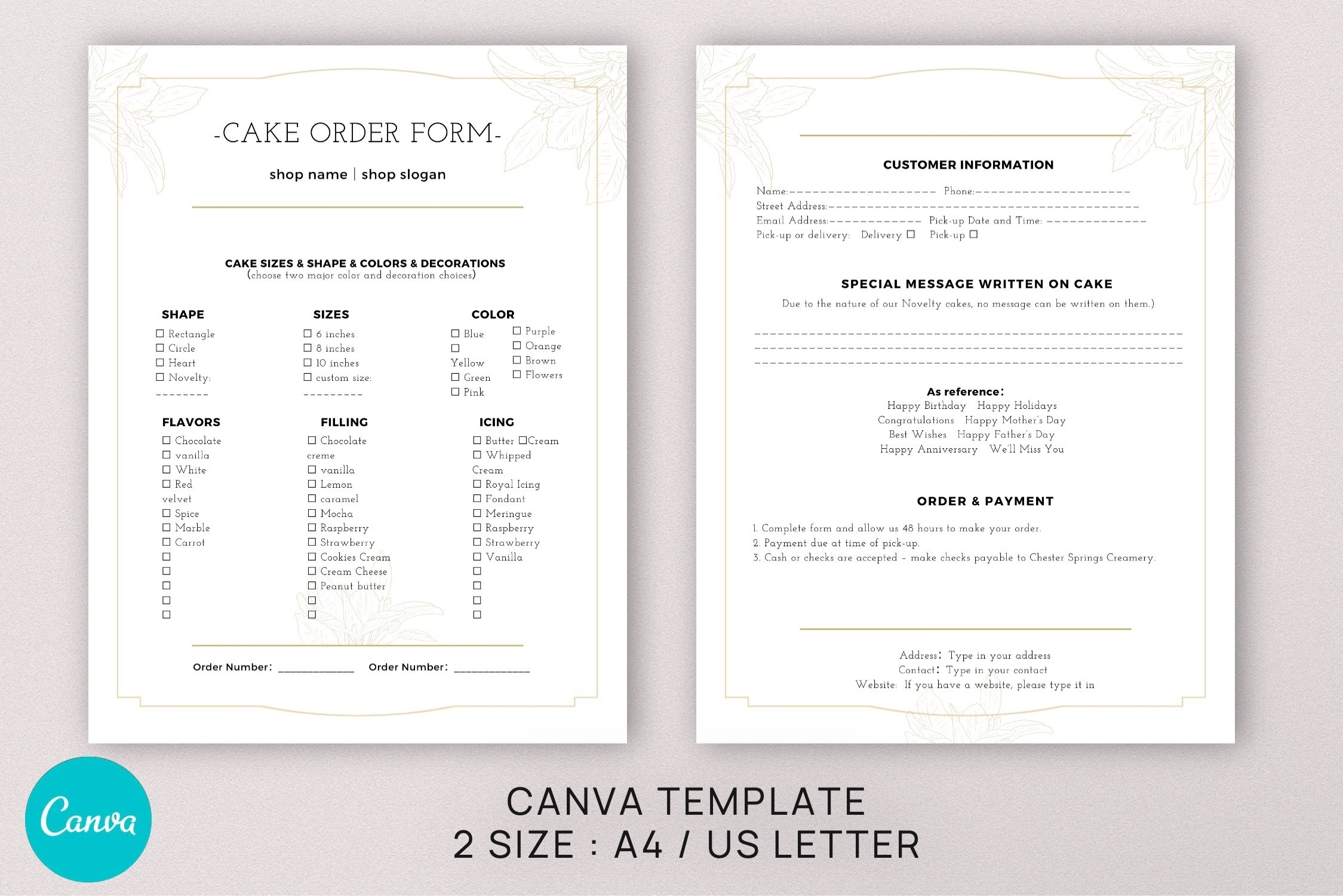 Cake Order Forms Printable Free