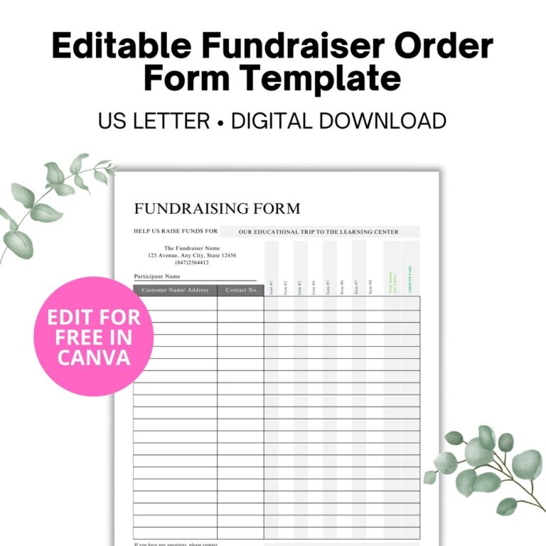 Editable Fundraiser Order Form Template School Fundraising Form Printable Invoice Canva Template Editable Invoice Template Etsy
