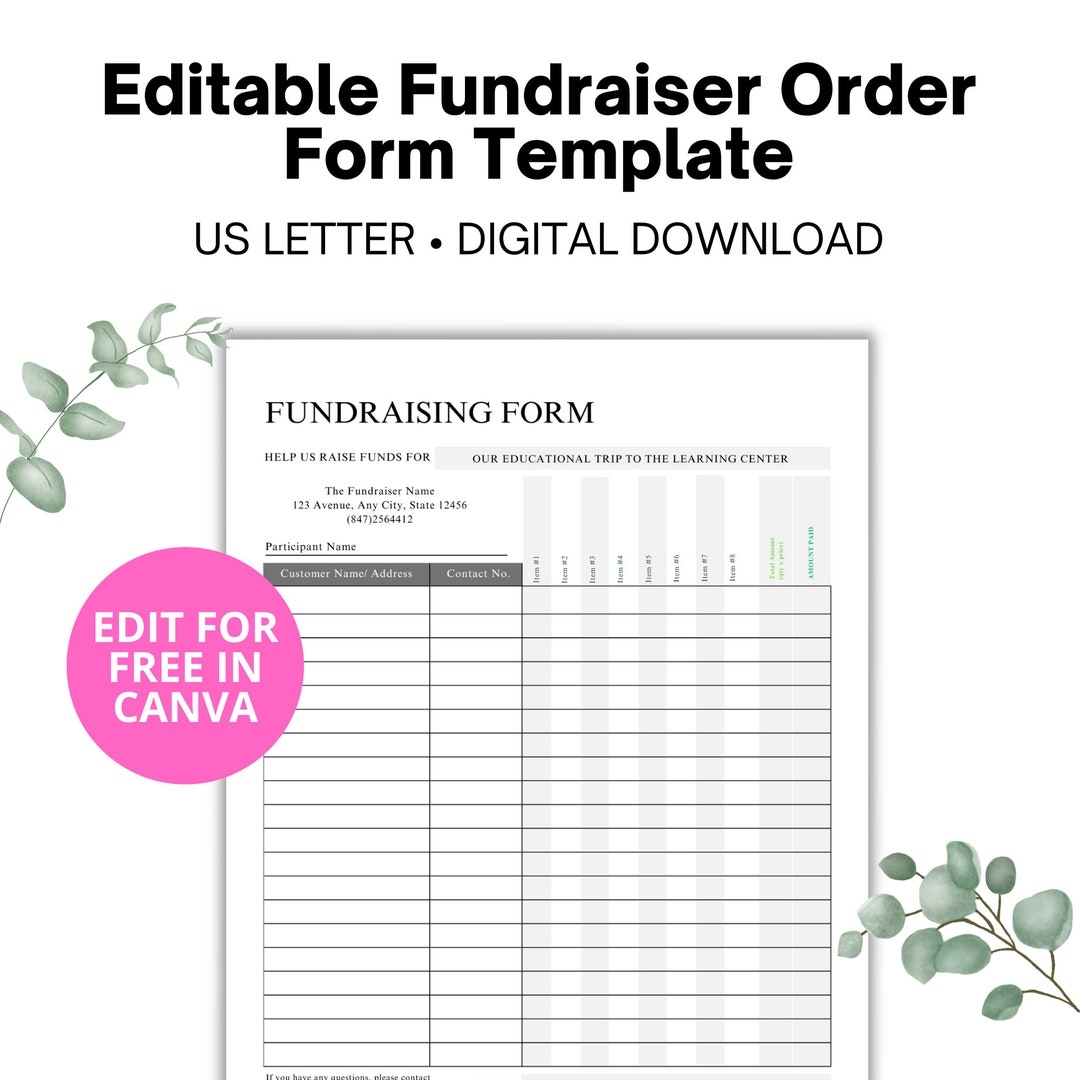 Editable Fundraiser Order Form Template School Fundraising Form Printable Invoice Canva Template Editable Invoice Template Etsy