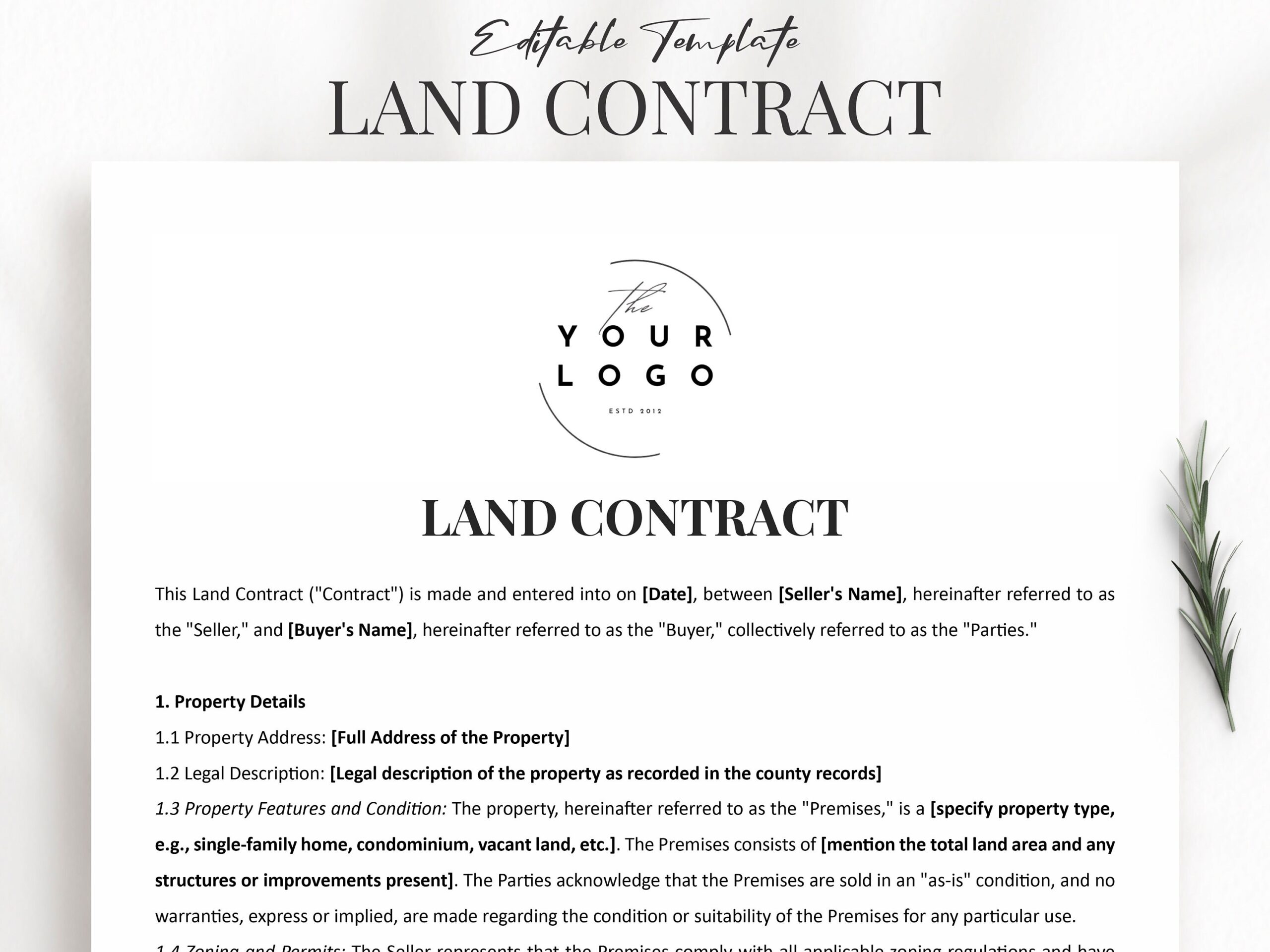 Editable Land Contract Template Land Agreement Form Word U0026 PDF Document Customizable For Smooth Property Transactions Etsy