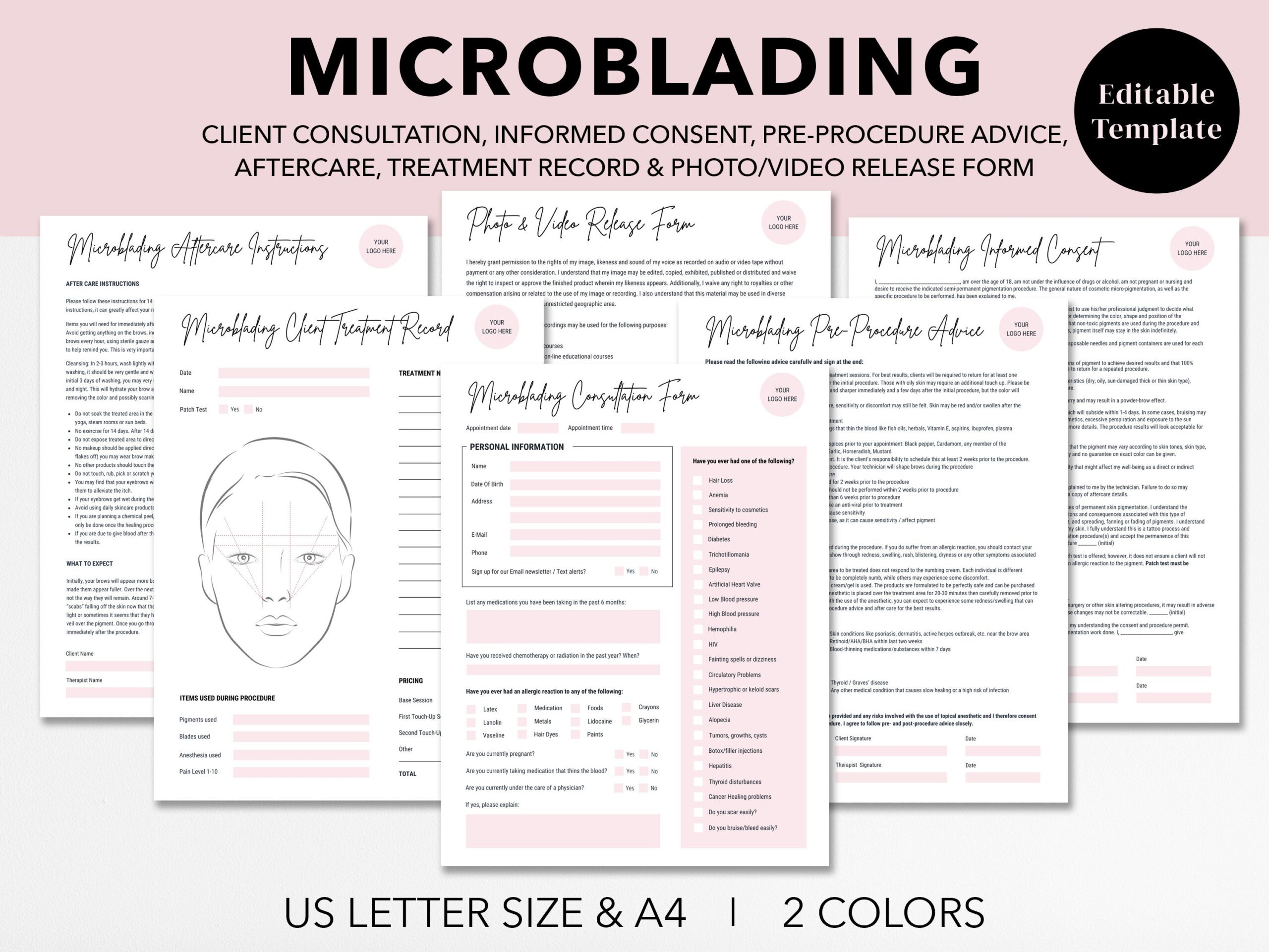 Editable Microblading Consultation Form Brow Tattoo Consent Form Aftercare Client Treatment Esthetician Forms Printable Canva Template Etsy
