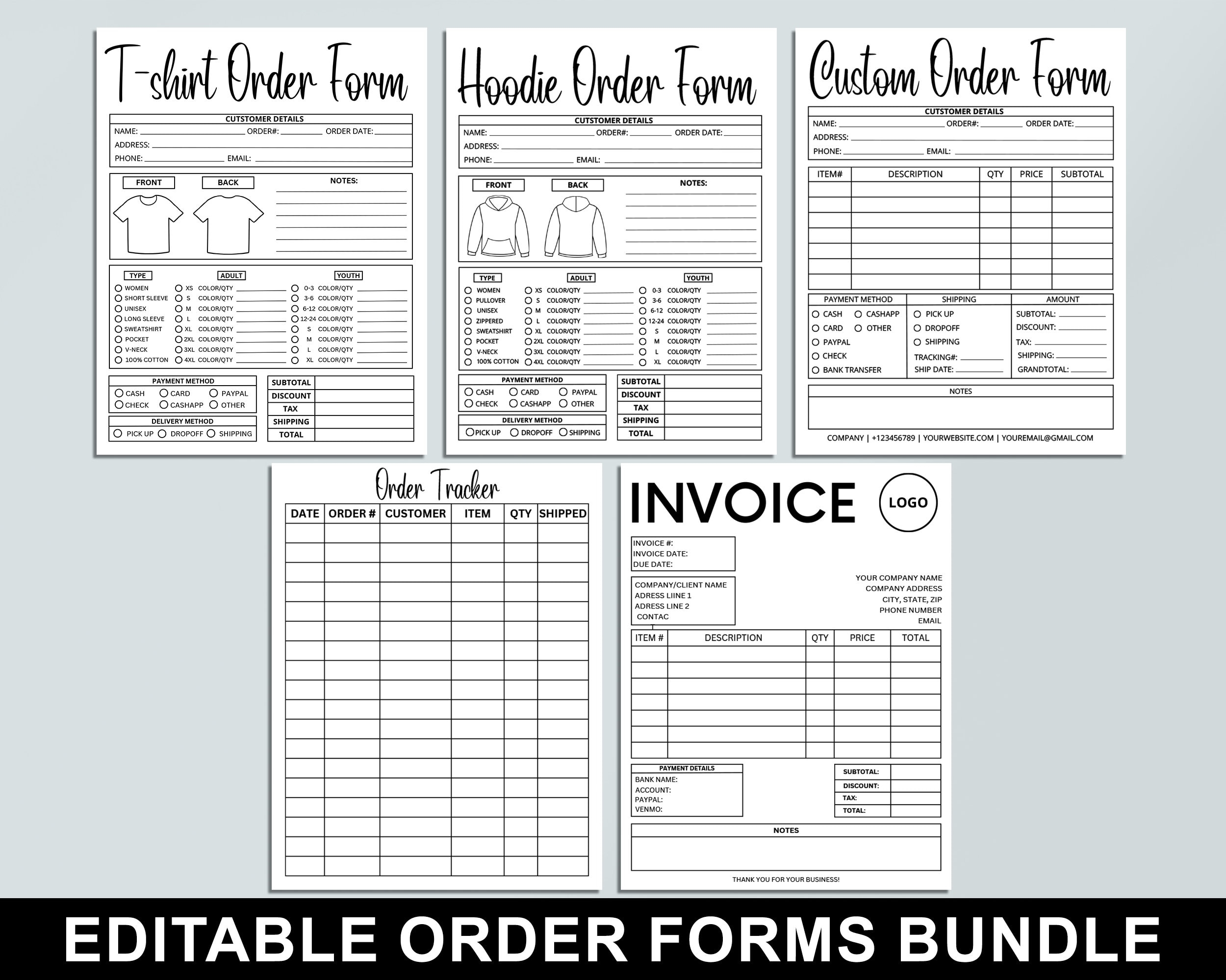 Editable Order Forms Bundle Tshirt Hoodie Invoice Template Editable Canva Template Printable Small Business Forms Custom Order Form Etsy