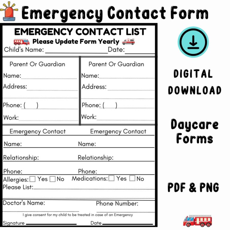 Emergency Contact Form Daycare Forms Preschool Forms Center Forms Etsy