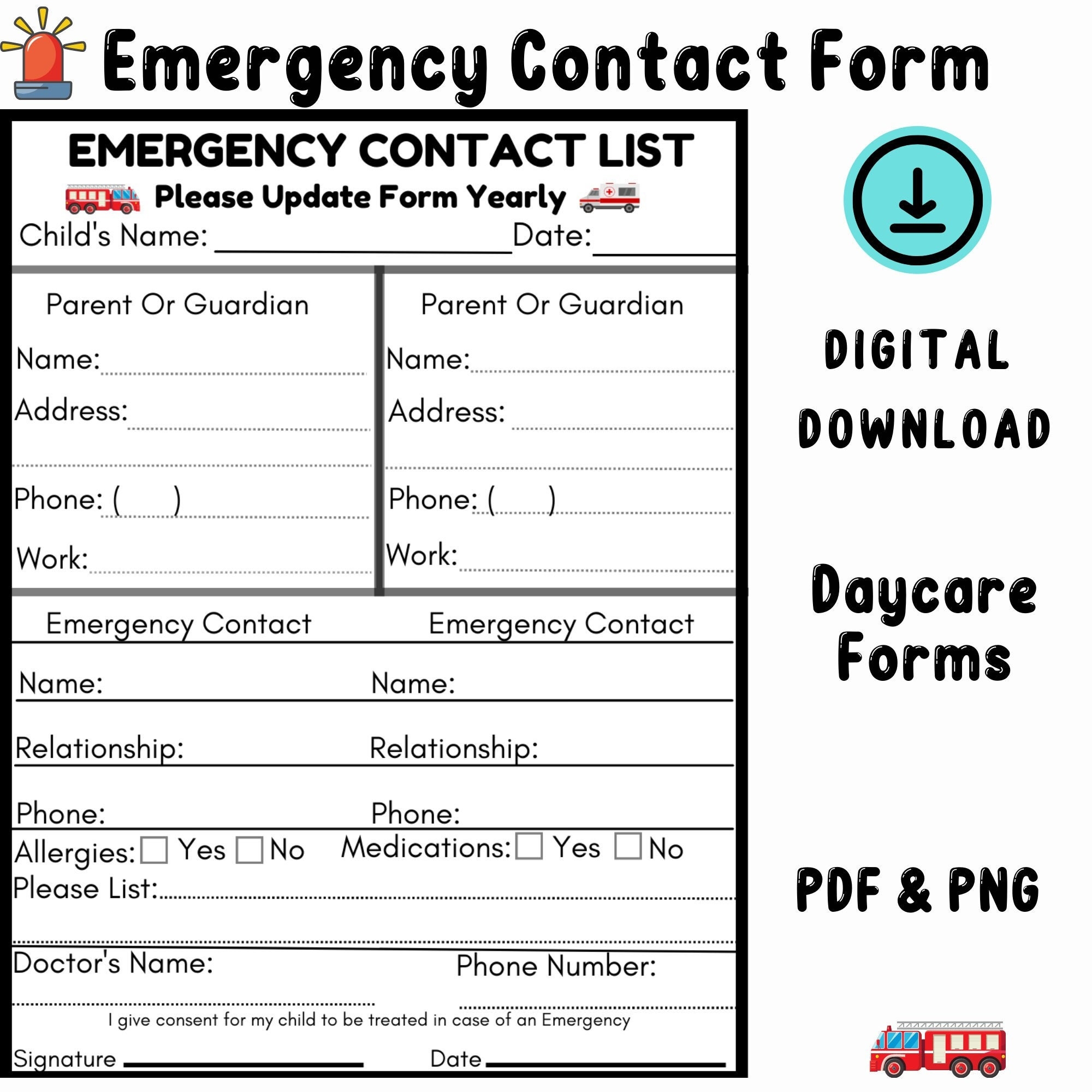 Emergency Contact Form Daycare Forms Preschool Forms Center 