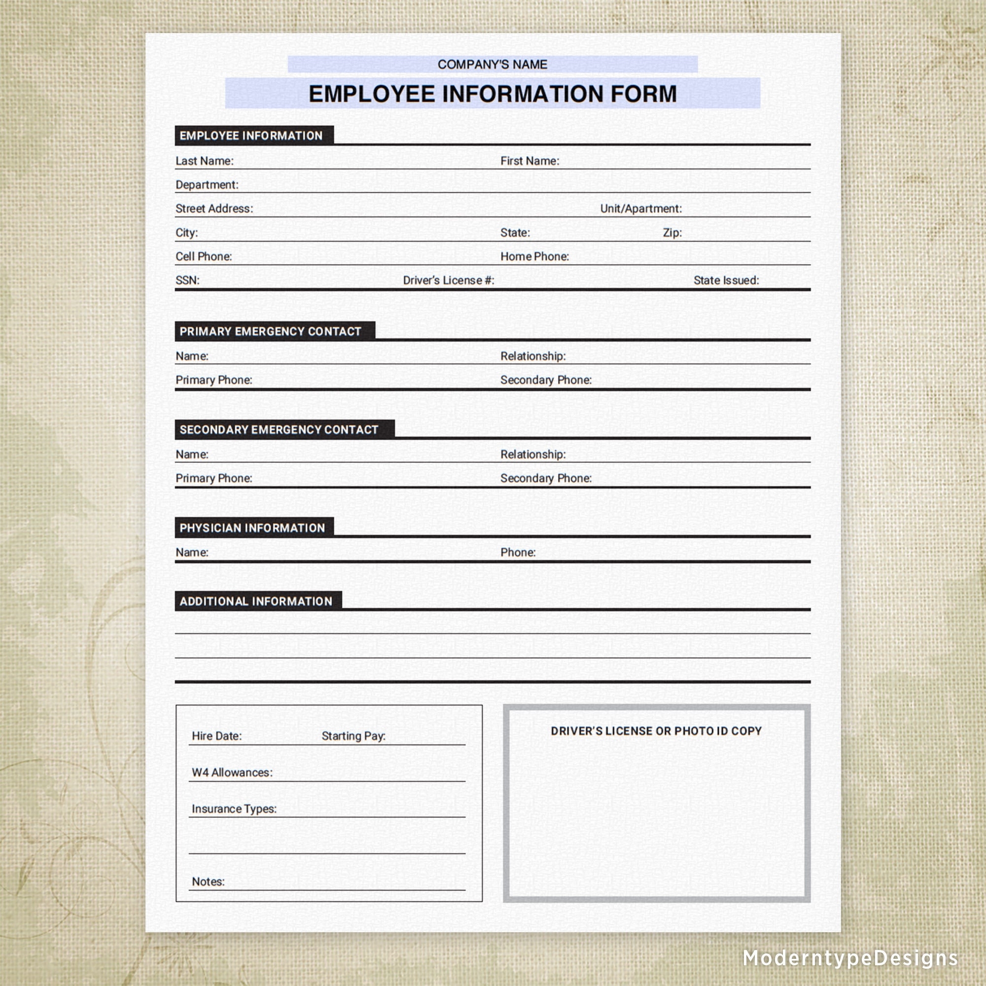 Employee Information Printable Form New Hire Sheet Digital File 
