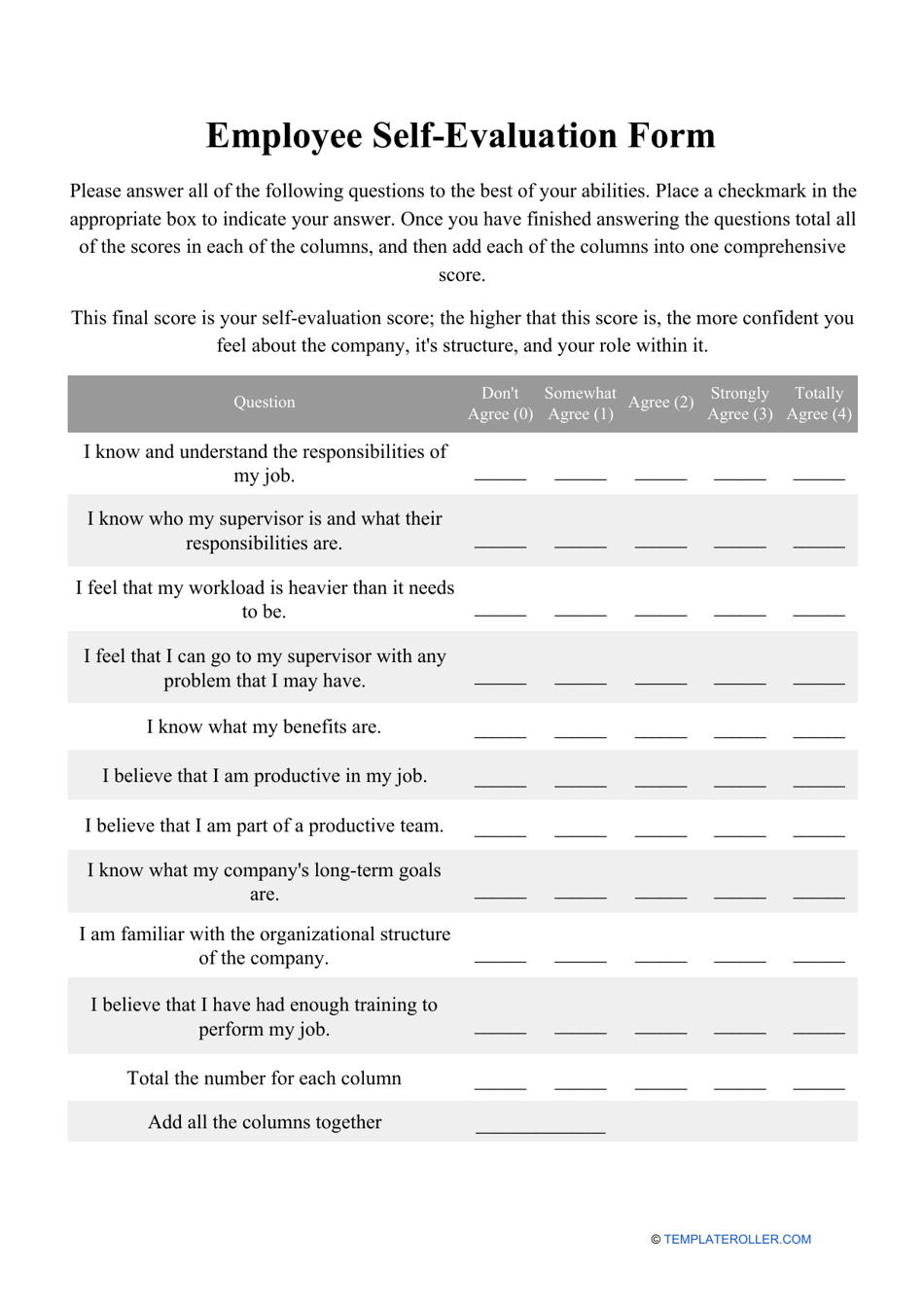 Printable Free Employee Self Evaluation Template Forms