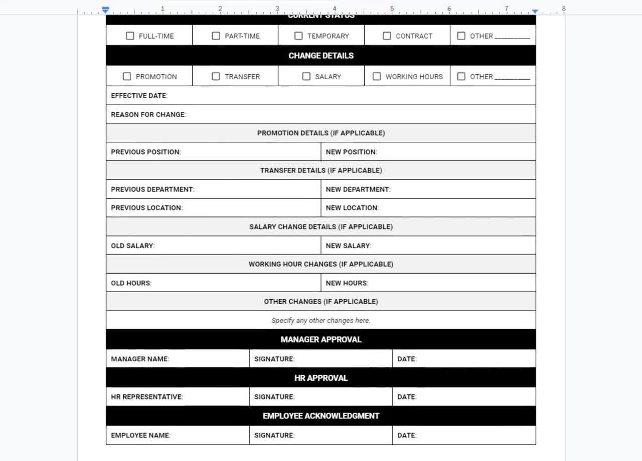 Employee Status Change Form Payroll Change Tracking Employment Status Update Salary Change Form Promotion Transfers Leave Benefits
