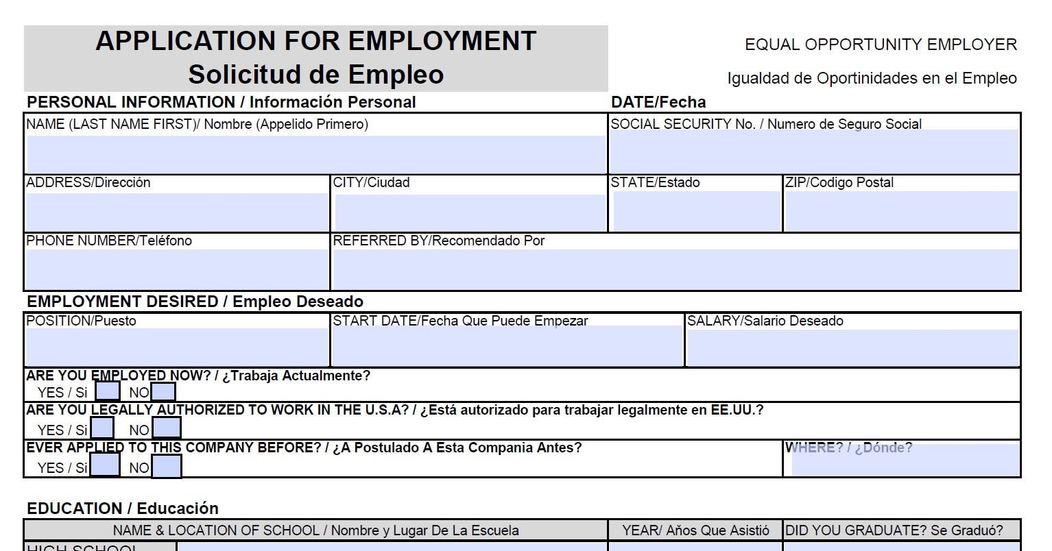 Free Printable Spanish Construction Job Application Form