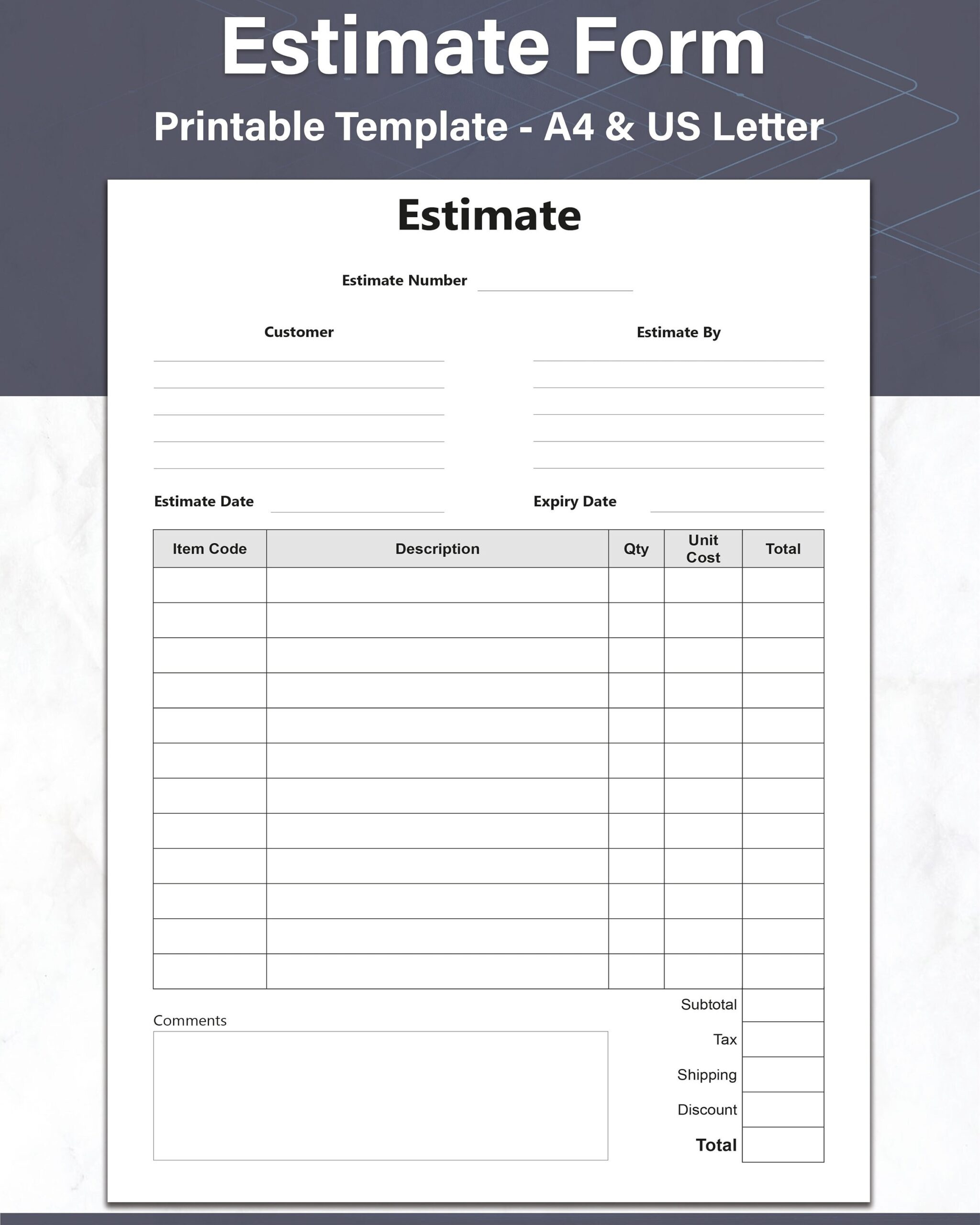 Estimate And Quote Template Simple Estimate Form Printable Quote 