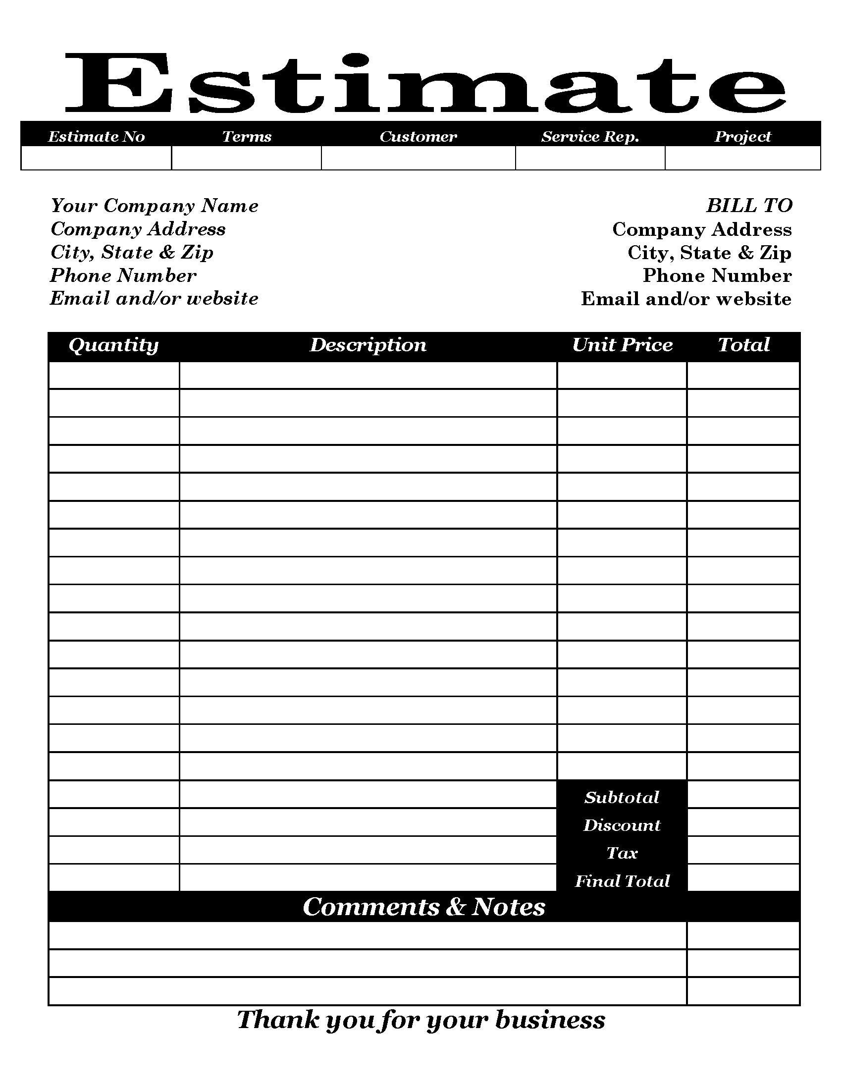 Estimate invoice Template Word Printable Download Black Document Template Etsy