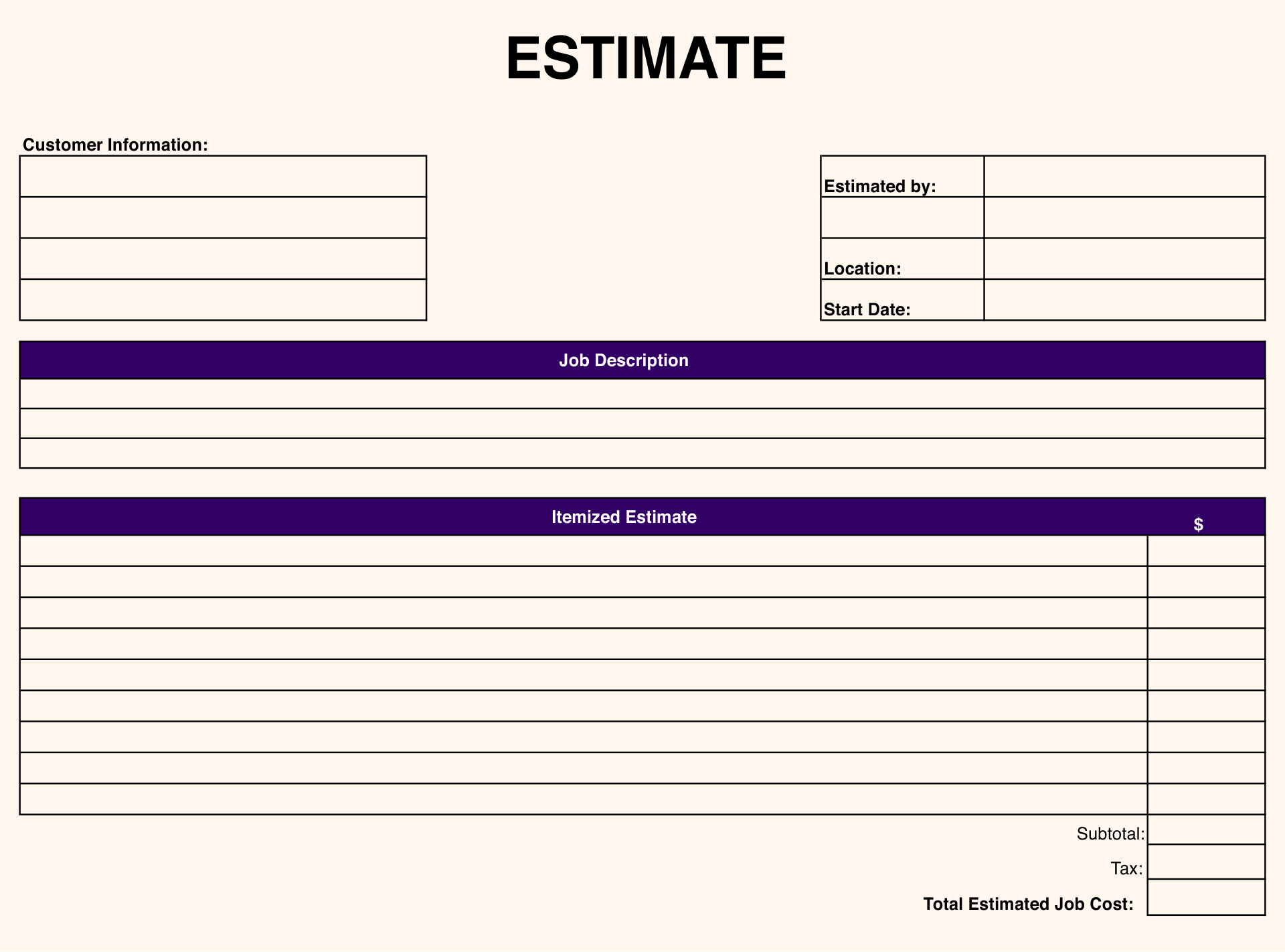 Printable Estimate Forms Free