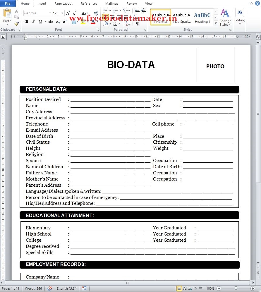 Example Of Biodata Form Template For Philippines MS Word Format