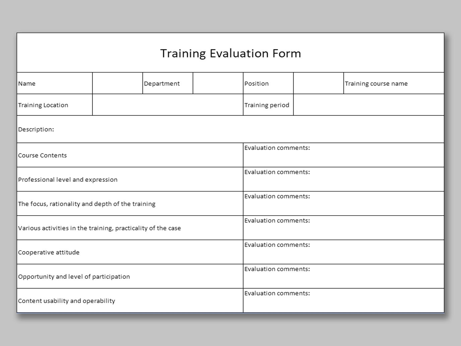 EXCEL Of Training Evaluation Form xlsx WPS Free Templates